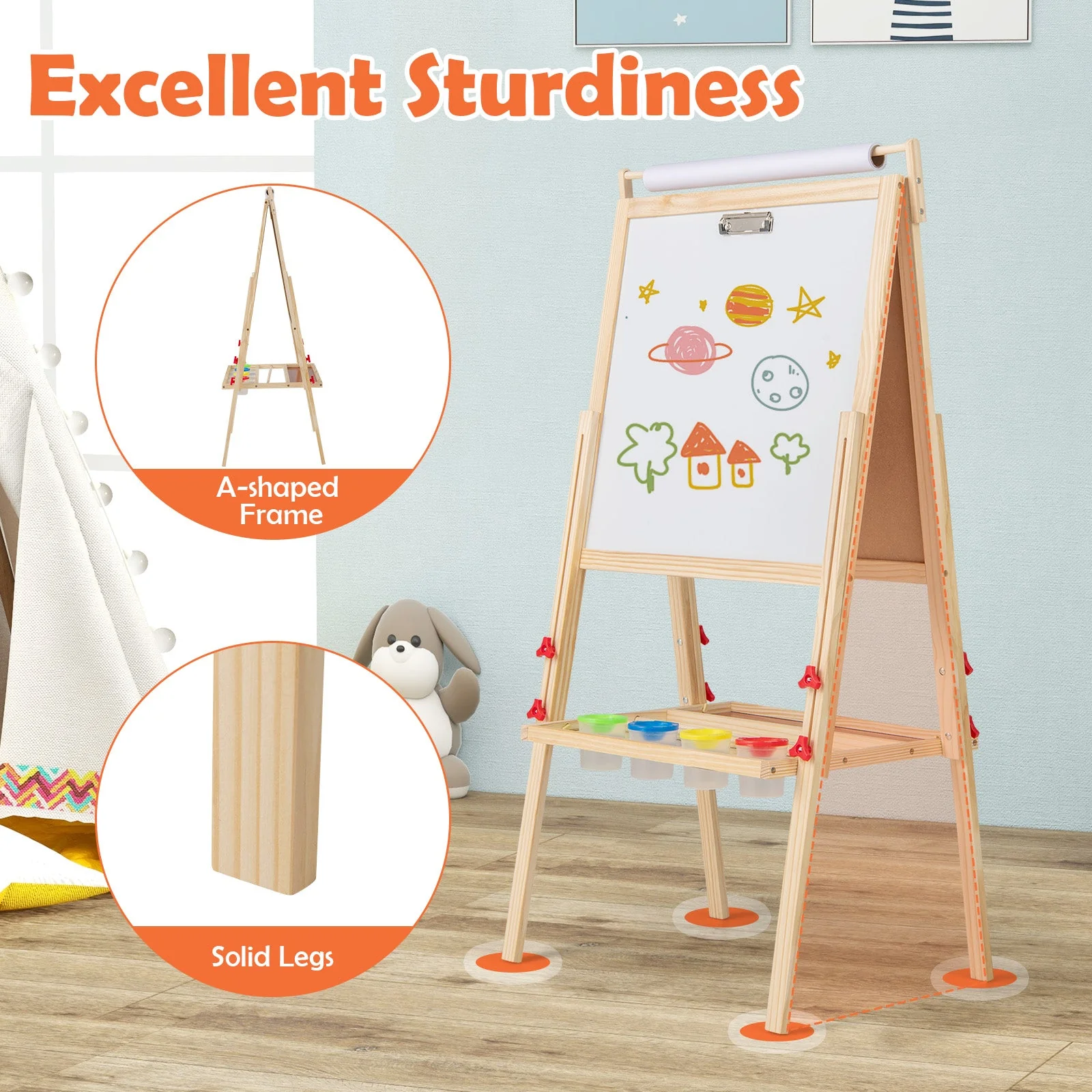 Adjustable Double-sided Easel with 4 Paint Cups-Natutral - Image 5