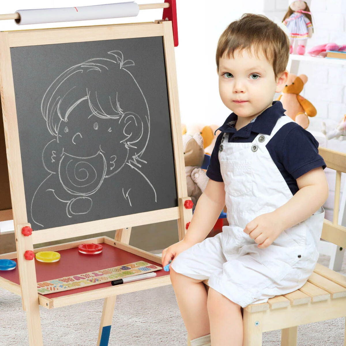 All-in-One Wooden Height Adjustable Kid's Art Easel with Magnetic Stickers and Paper - Image 2