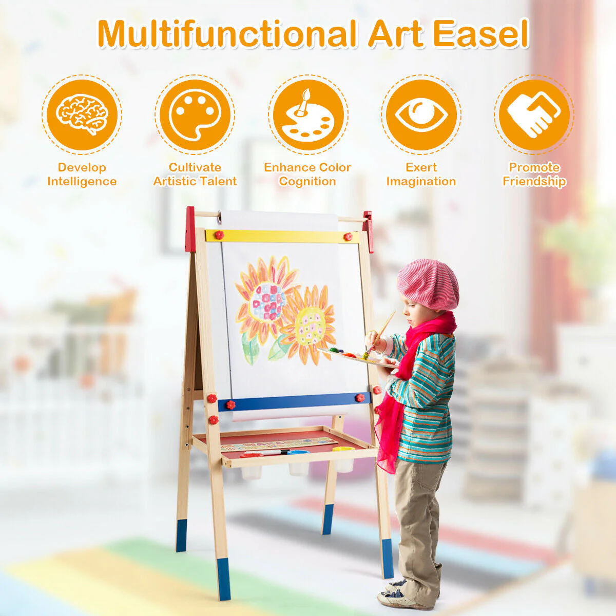 All-in-One Wooden Height Adjustable Kid's Art Easel with Magnetic Stickers and Paper - Image 3