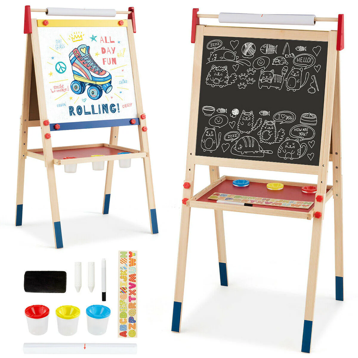 All-in-One Wooden Height Adjustable Kid's Art Easel with Magnetic Stickers and Paper - Image 4