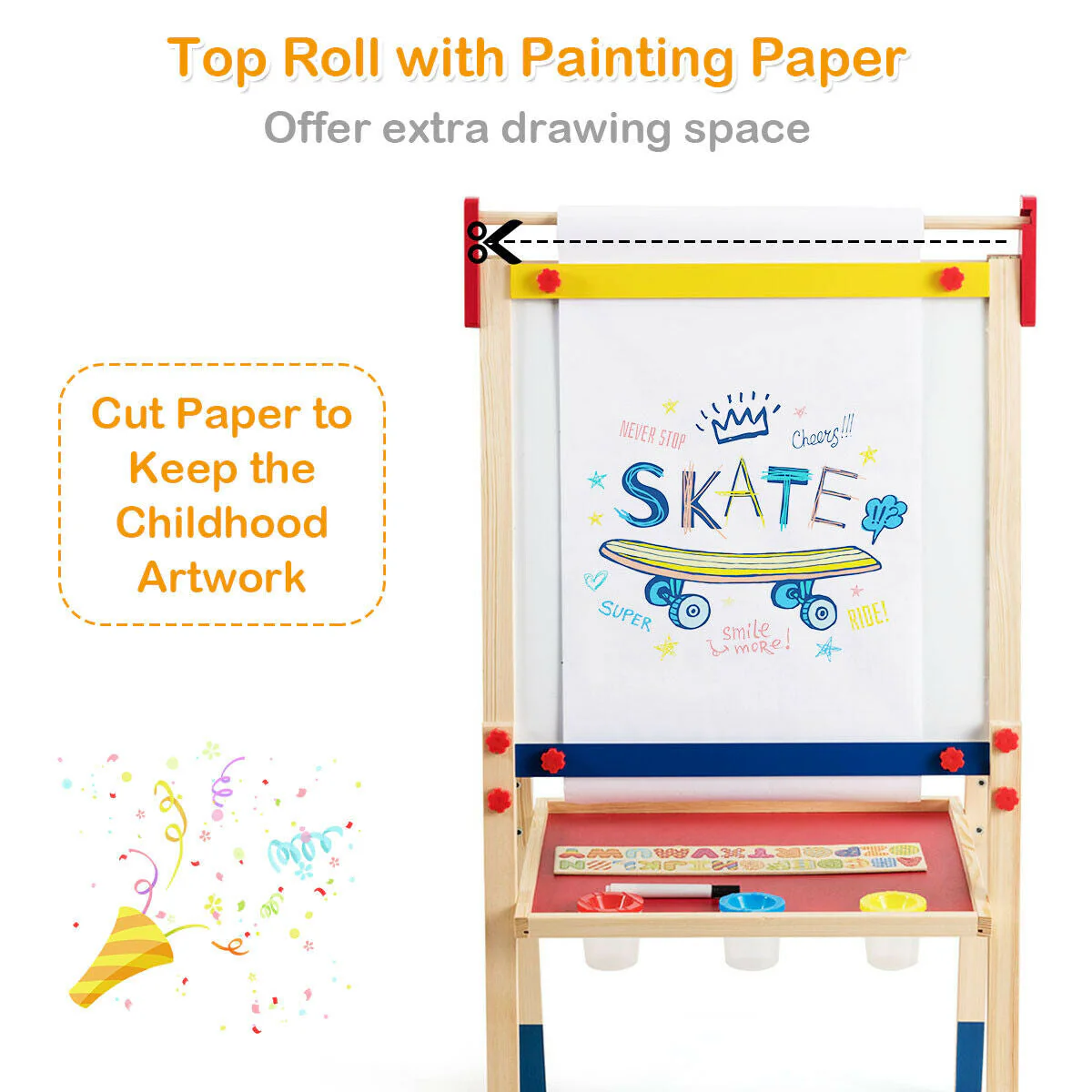 All-in-One Wooden Height Adjustable Kid's Art Easel with Magnetic Stickers and Paper - Image 6