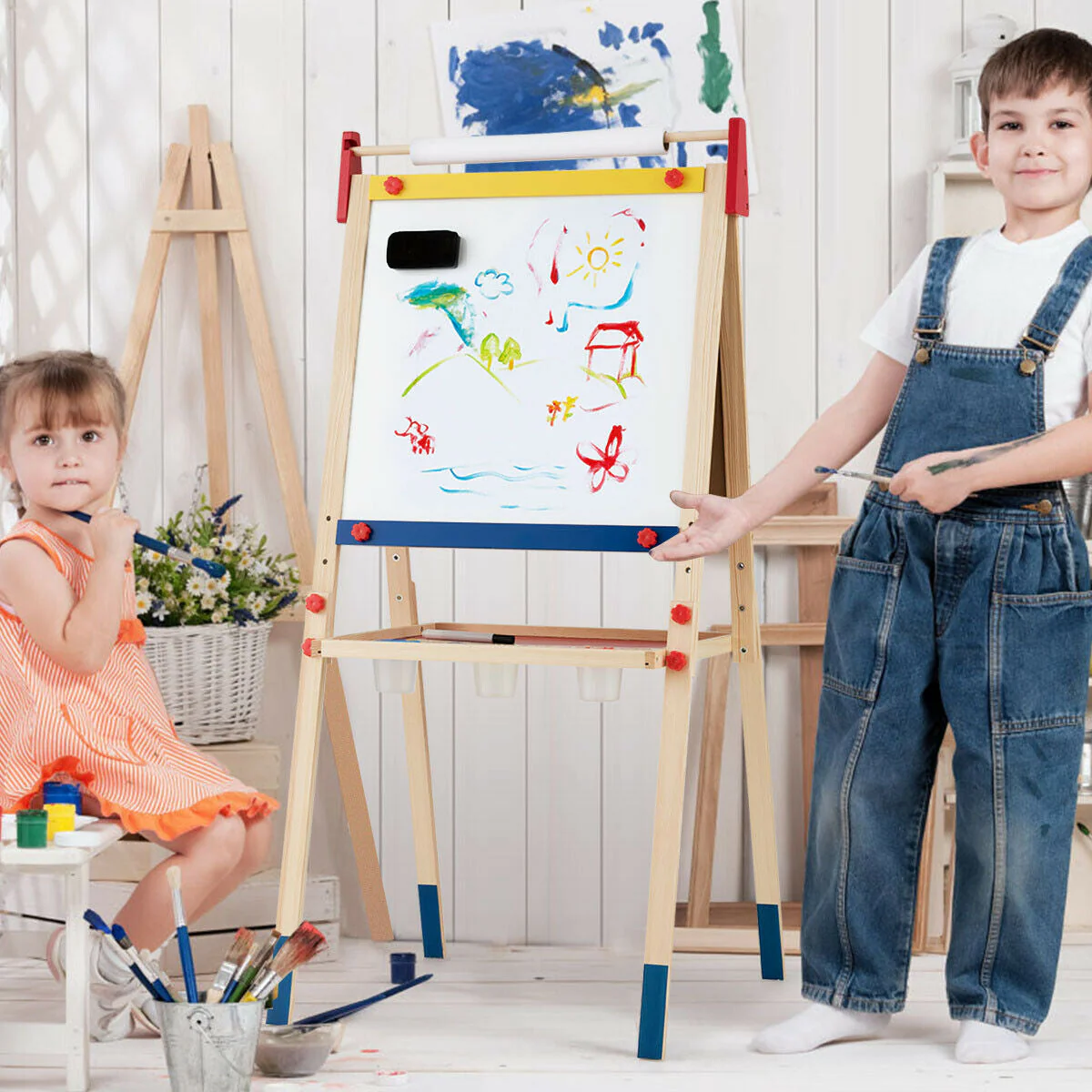 All-in-One Wooden Height Adjustable Kid's Art Easel with Magnetic Stickers and Paper - Image 7