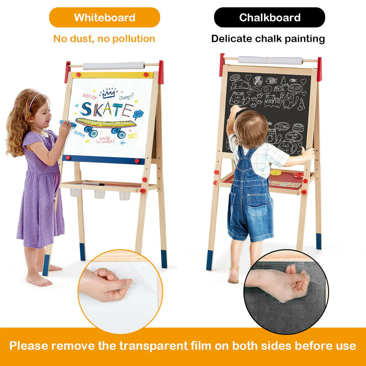 All-in-One Wooden Height Adjustable Kid's Art Easel with Magnetic Stickers and Paper - Image 8