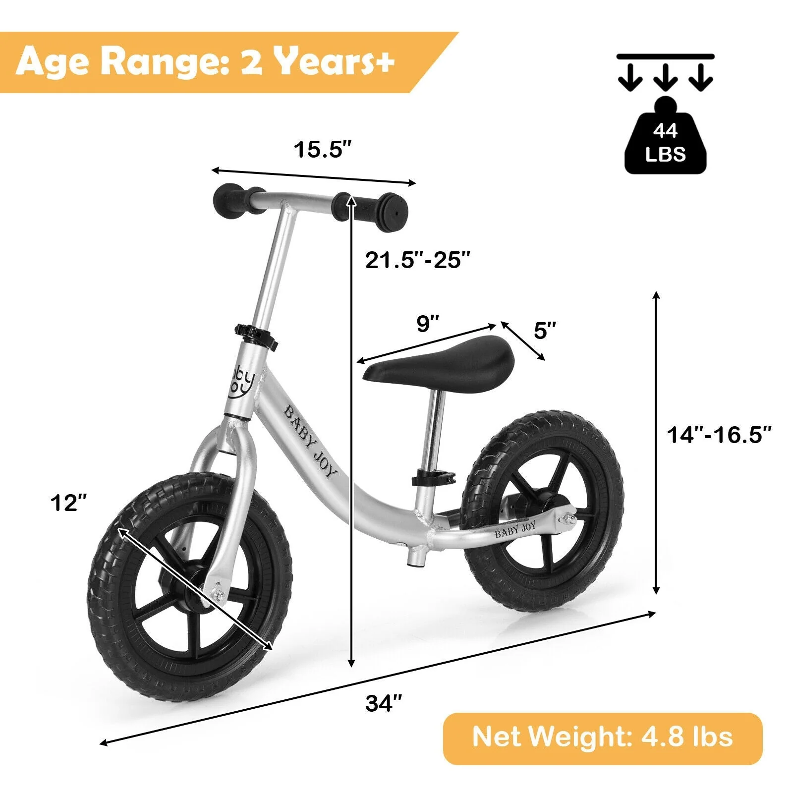 Aluminum Adjustable No Pedal Balance Bike for Kids-Black - Image 5