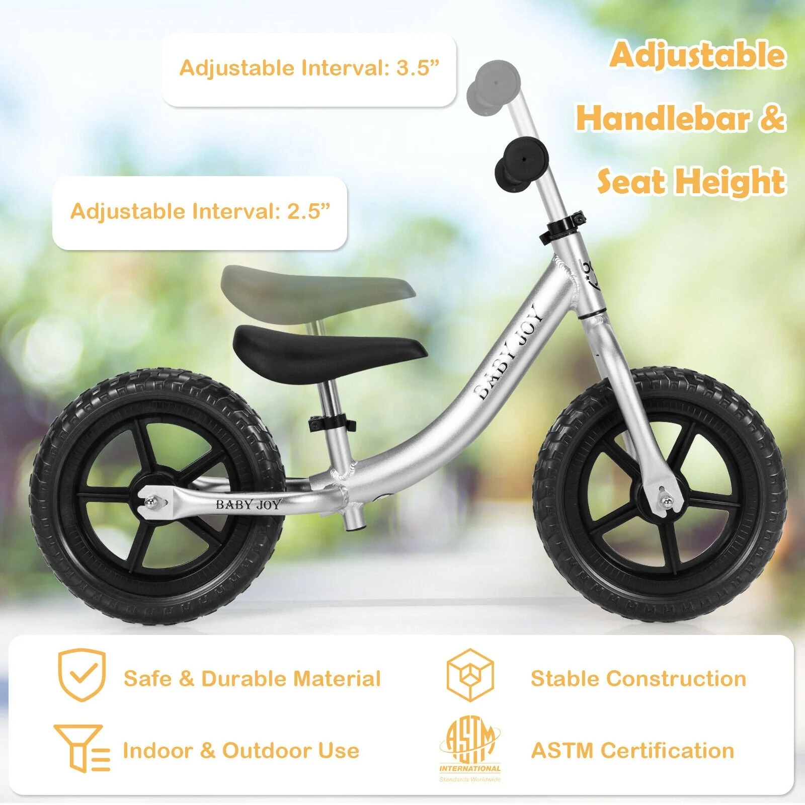 Aluminum Adjustable No Pedal Balance Bike for Kids-Black - Image 6