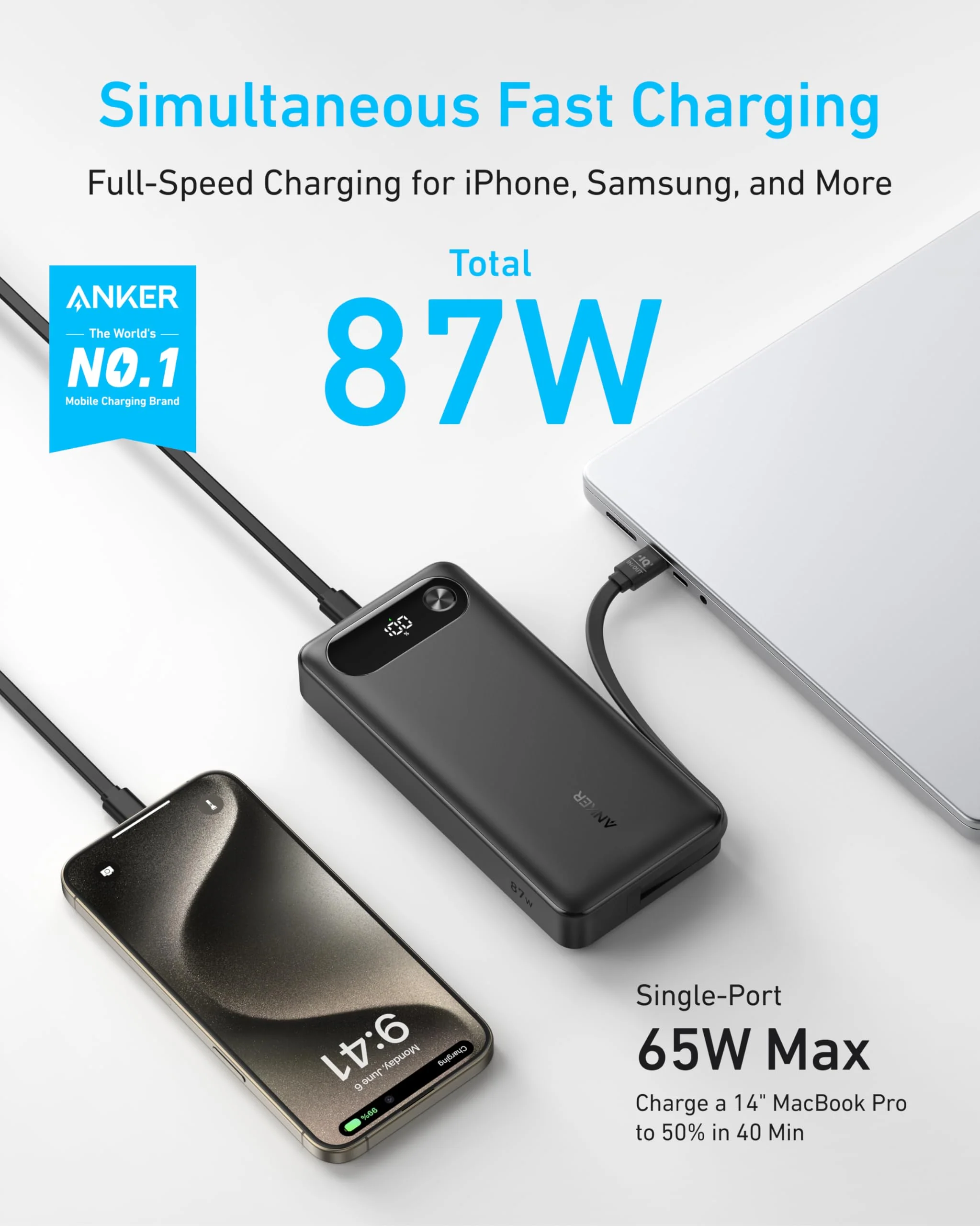 Anker Power Bank (20K, 87W, Built-In USB-C Cable) - Image 8