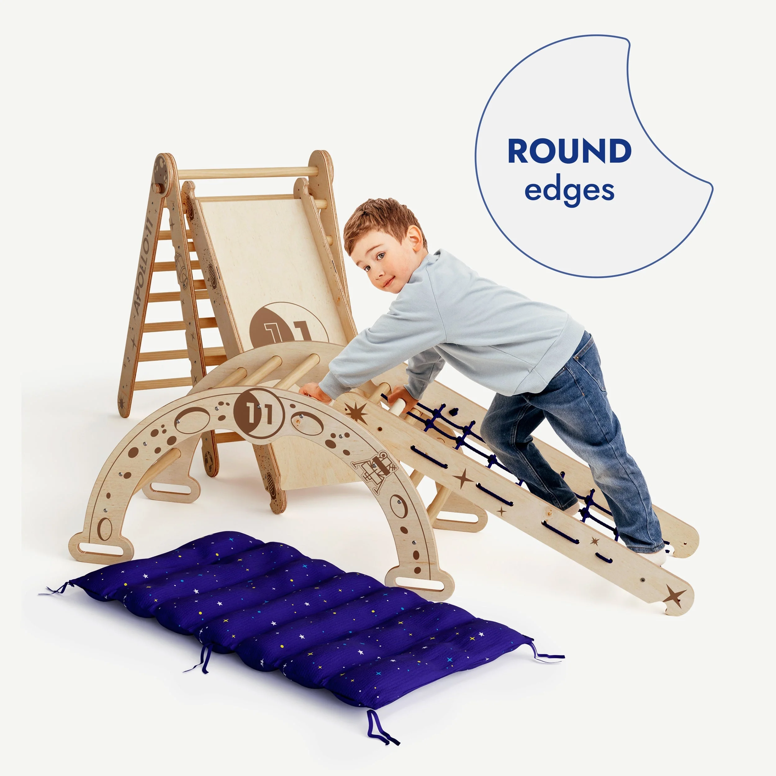 Apollo 5in1 Climbing Set:  Pikler Triangle, Net, Arch, Slide Board, and Cushion for Little Astronauts - Image 2
