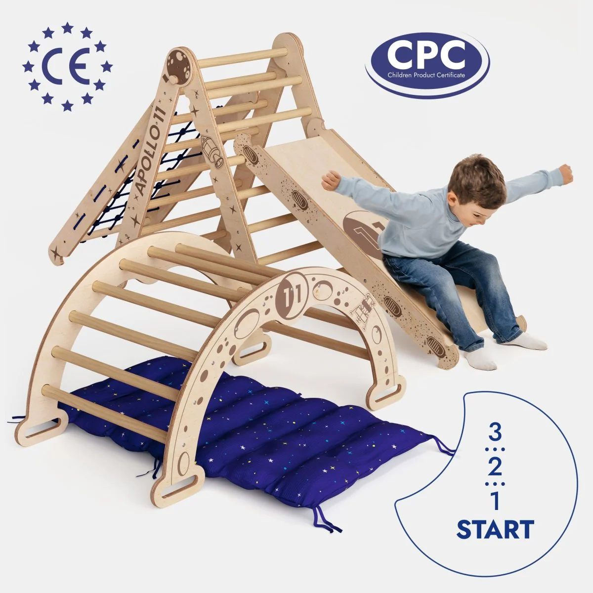 Apollo 5in1 Climbing Set:  Pikler Triangle, Net, Arch, Slide Board, and Cushion for Little Astronauts - Image 4