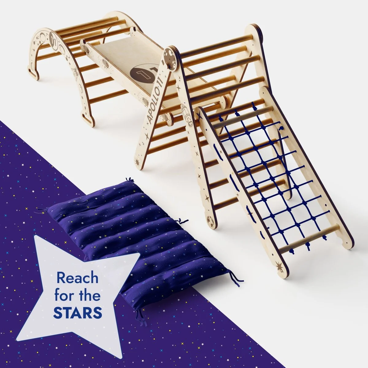 Apollo 5in1 Climbing Set:  Pikler Triangle, Net, Arch, Slide Board, and Cushion for Little Astronauts - Image 6