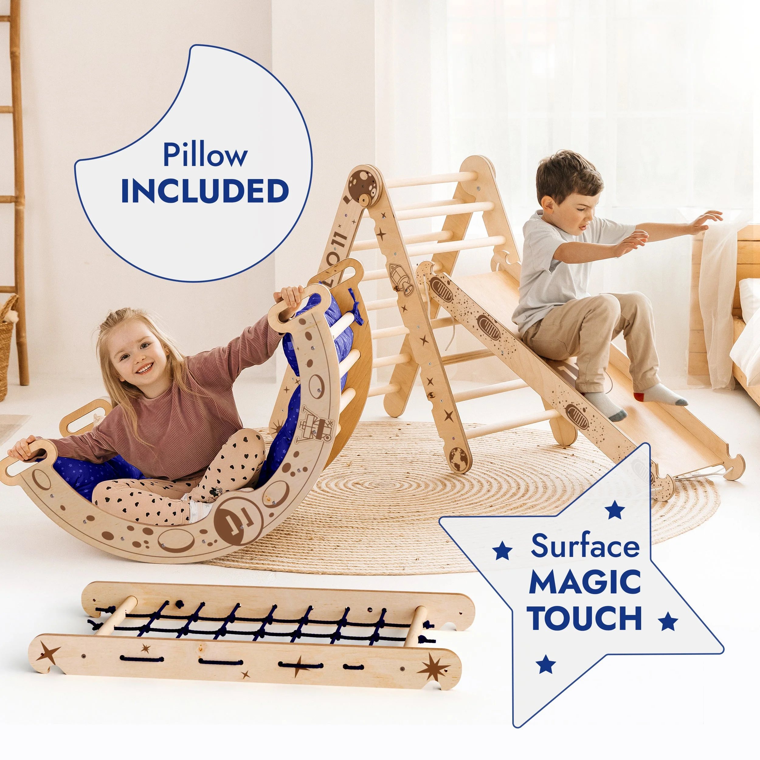 Apollo 5in1 Climbing Set:  Pikler Triangle, Net, Arch, Slide Board, and Cushion for Little Astronauts - Image 3