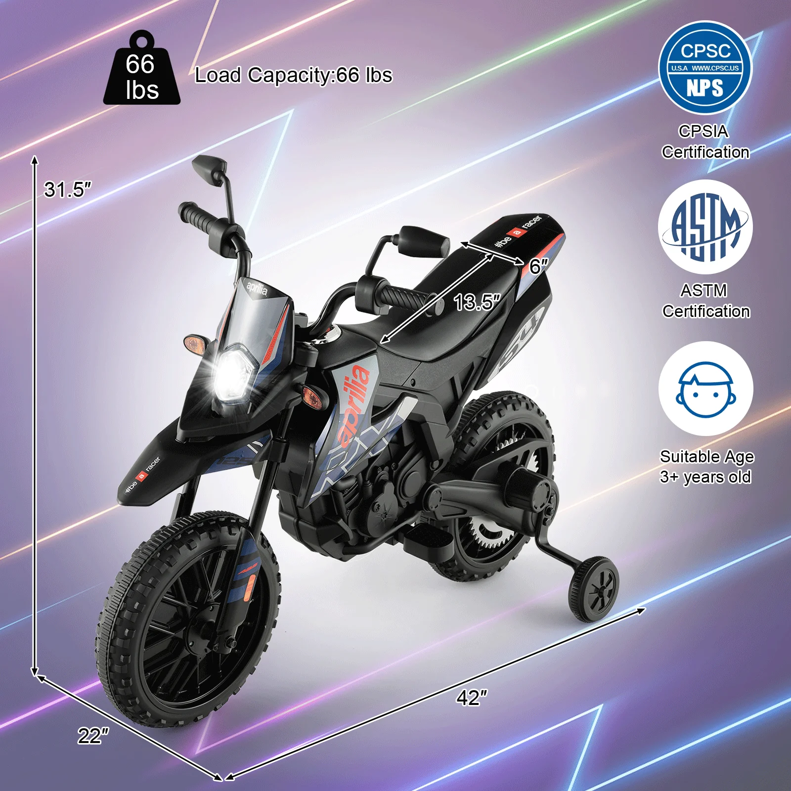 Aprilia Licensed Kids Ride On Motorcycle with 2 Training Wheels-Navy - Image 4