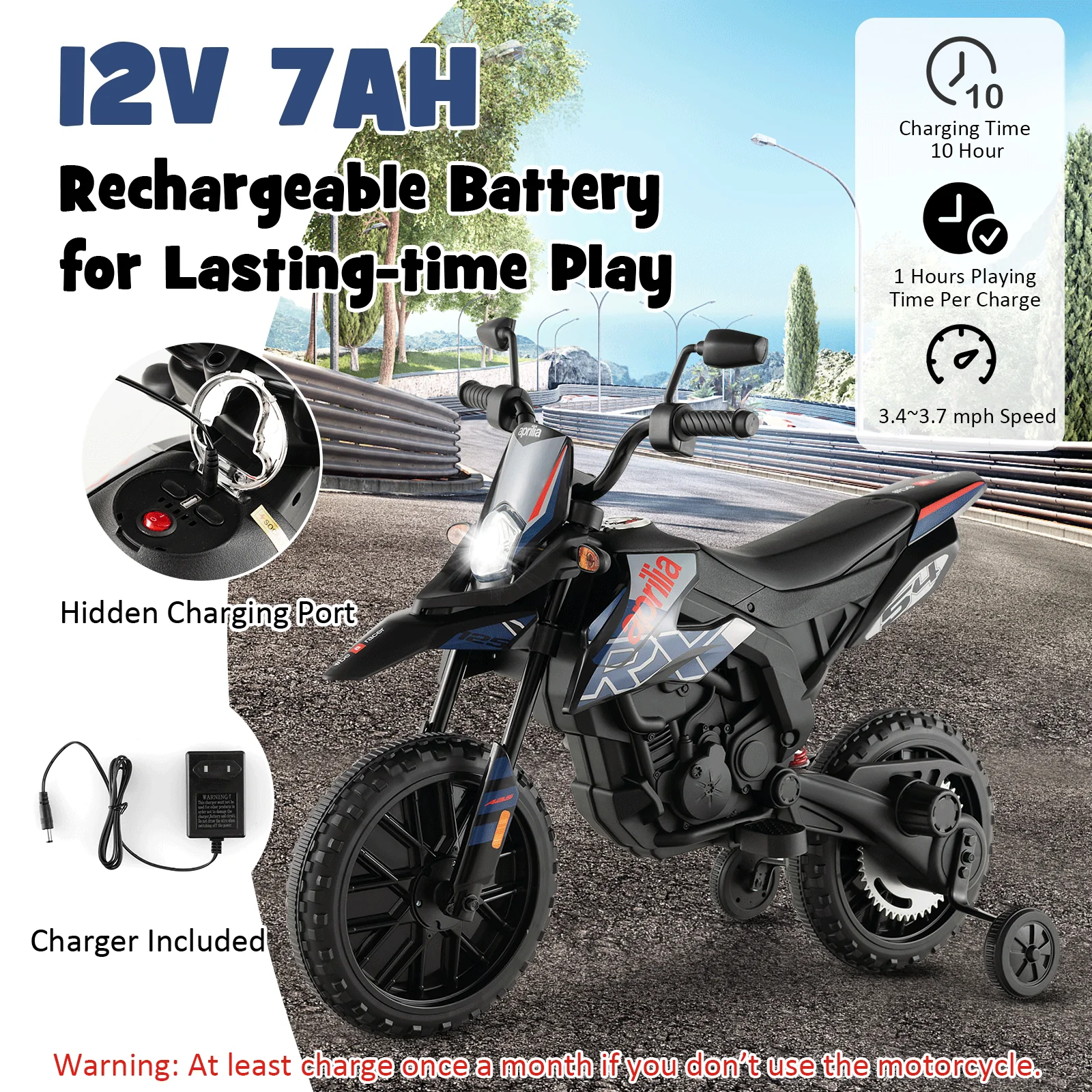 Aprilia Licensed Kids Ride On Motorcycle with 2 Training Wheels-Navy - Image 5