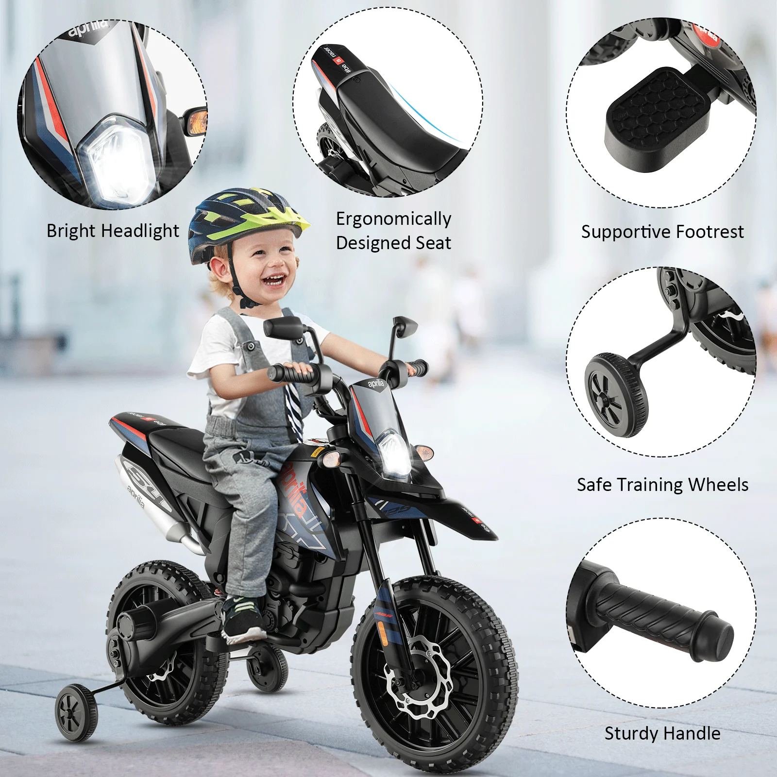 Aprilia Licensed Kids Ride On Motorcycle with 2 Training Wheels-Navy - Image 8