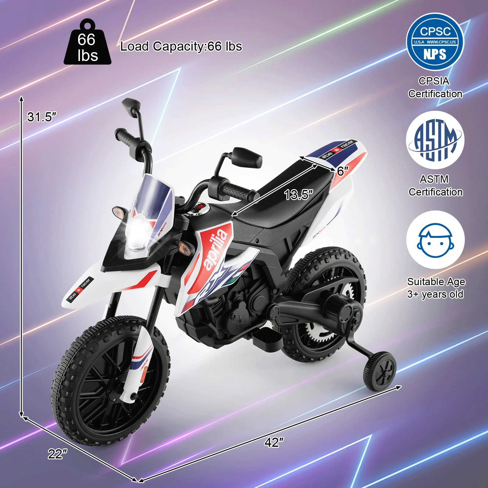 Aprilia Licensed Kids Ride On Motorcycle with 2 Training Wheels-White - Image 4