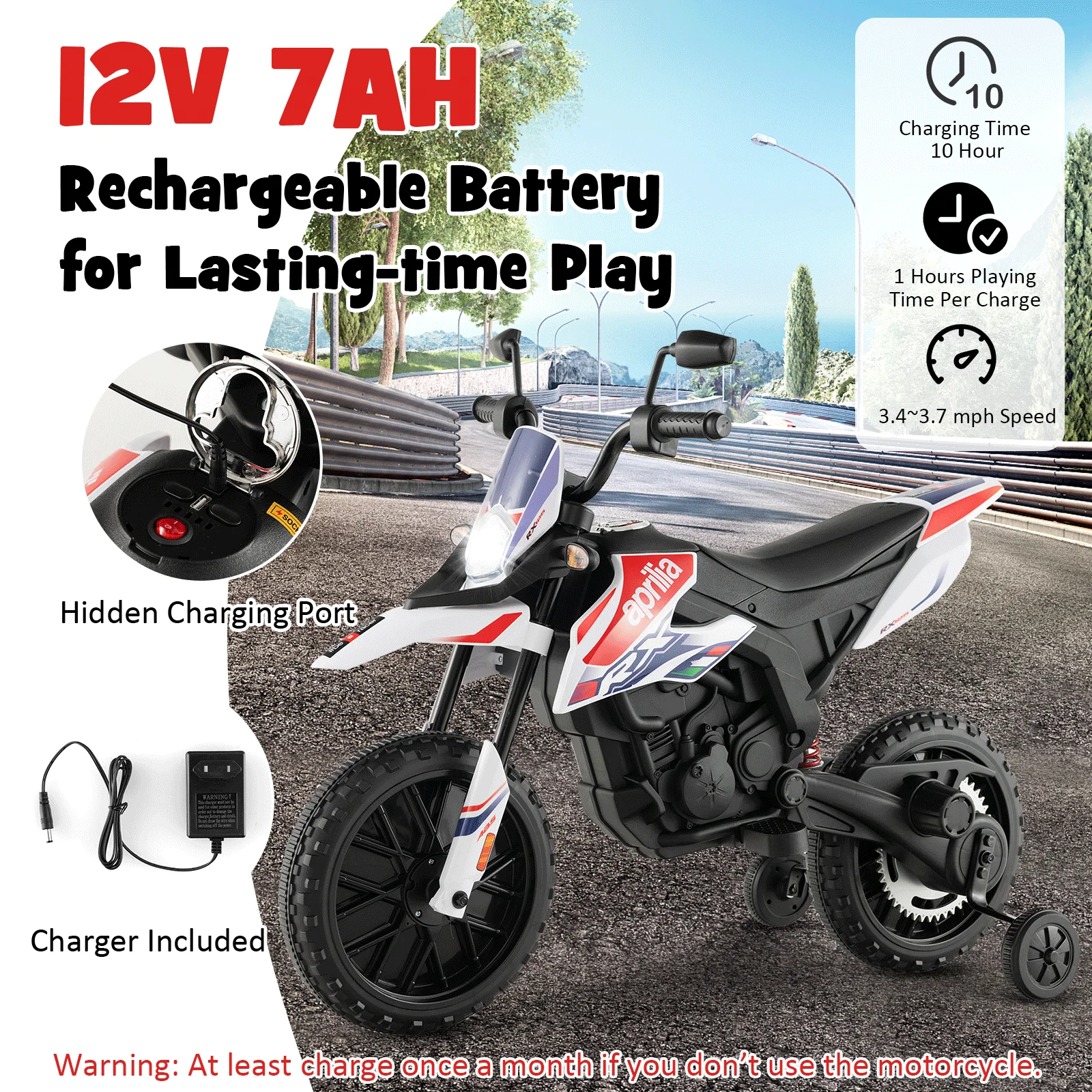 Aprilia Licensed Kids Ride On Motorcycle with 2 Training Wheels-White - Image 5