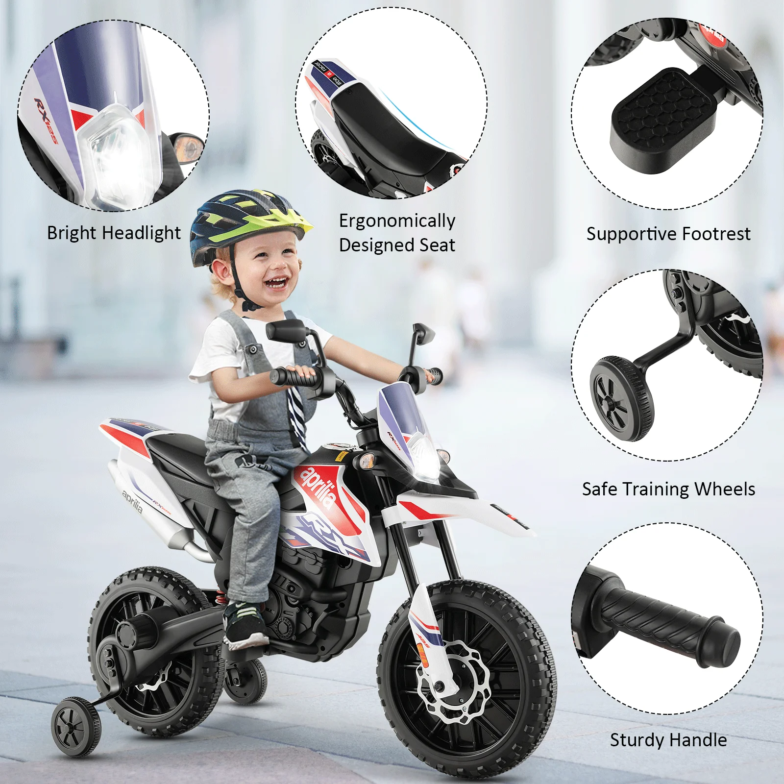 Aprilia Licensed Kids Ride On Motorcycle with 2 Training Wheels-White - Image 8