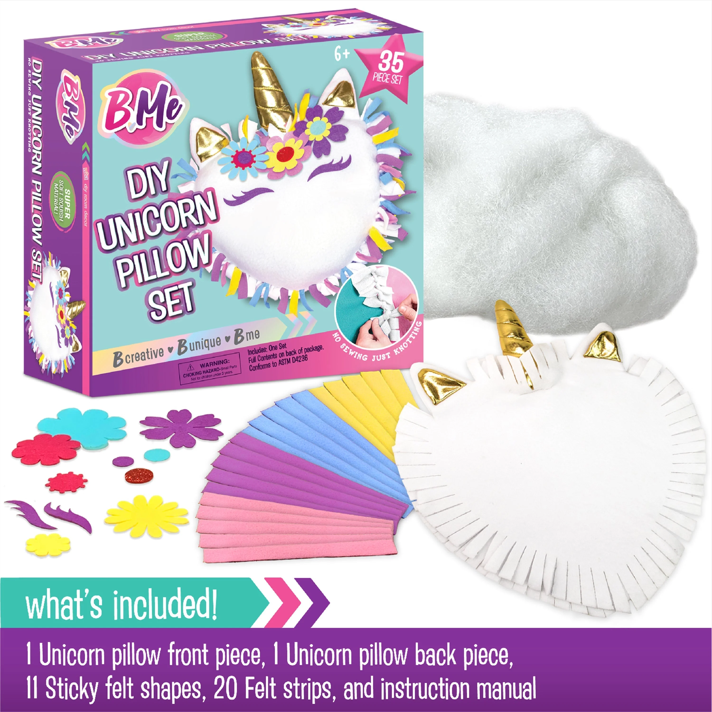 B Me DIY Unicorn Pillow Kit for Girls - No Sew Unicorn Throw Pillow - BM-DIYUNIPILL-61427 - Image 7