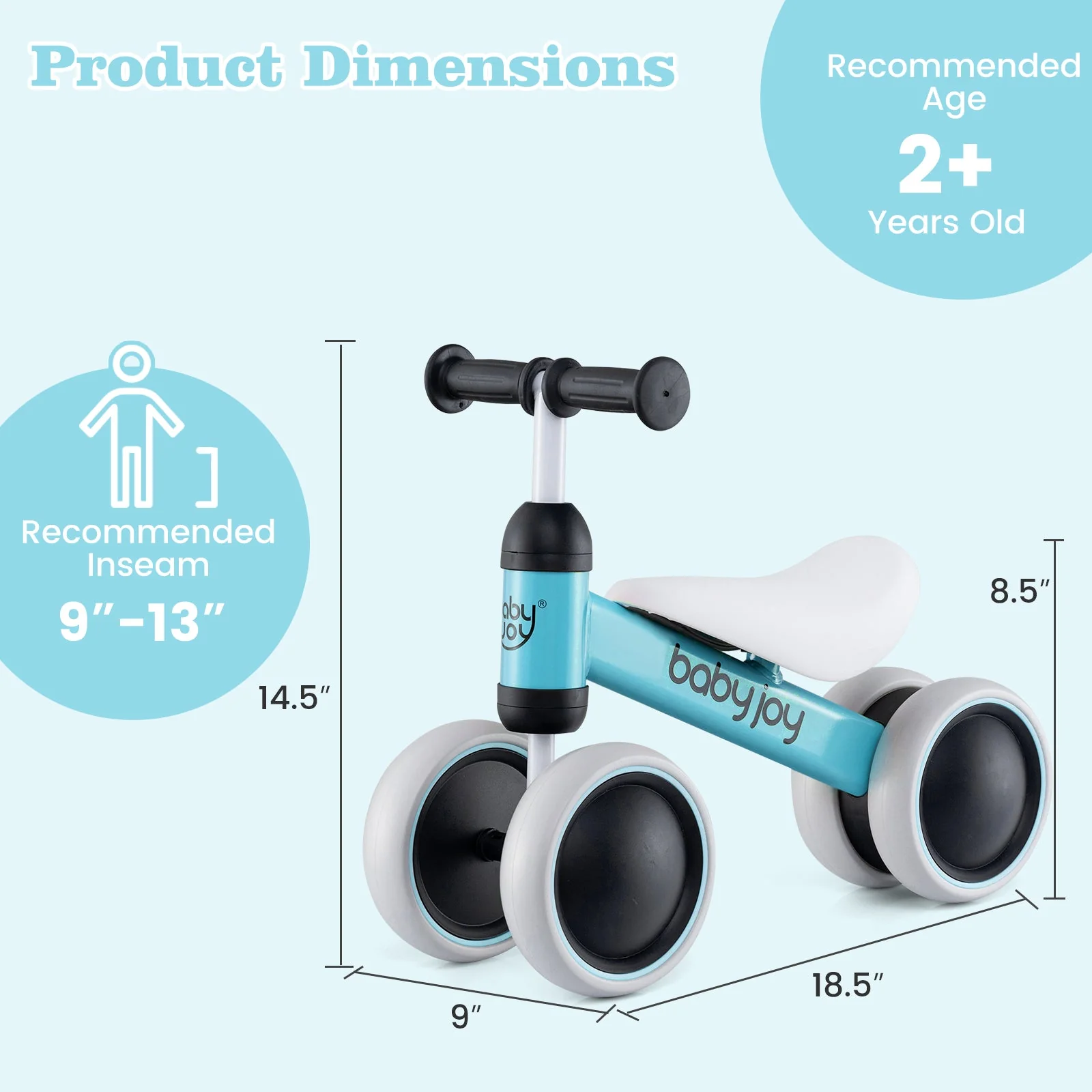 Baby Balance Bike for 2 Years Old Boys Girls No Pedal 4 Wheels-Blue - Image 3