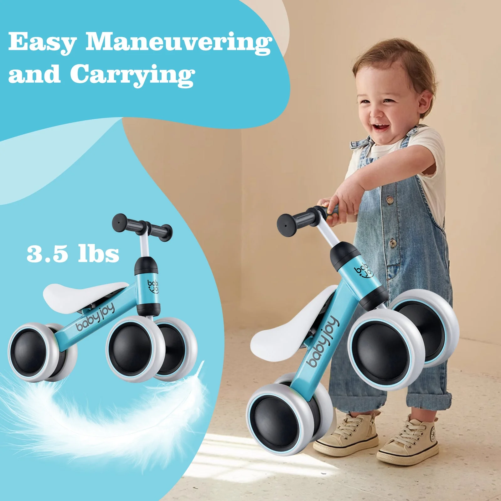 Baby Balance Bike for 2 Years Old Boys Girls No Pedal 4 Wheels-Blue - Image 5