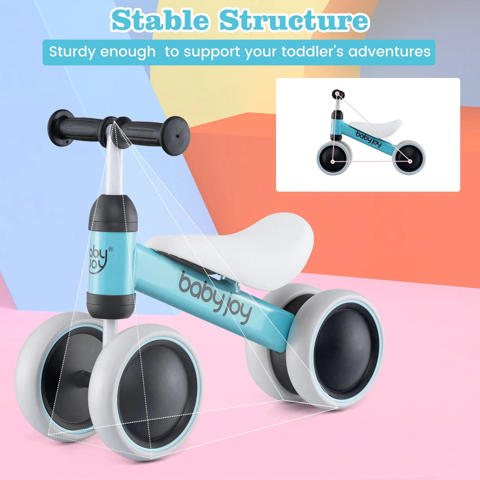 Baby Balance Bike for 2 Years Old Boys Girls No Pedal 4 Wheels-Blue - Image 7