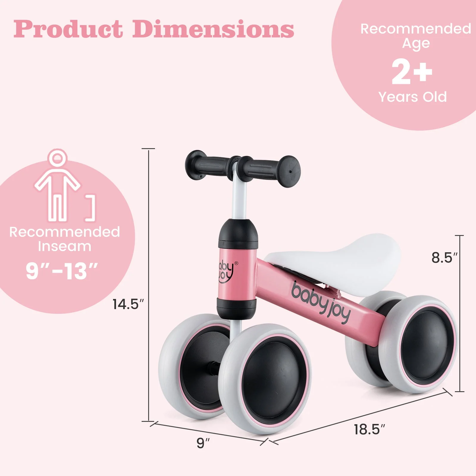 Baby Balance Bike for 2 Years Old Boys Girls No Pedal 4 Wheels-Pink - Image 3