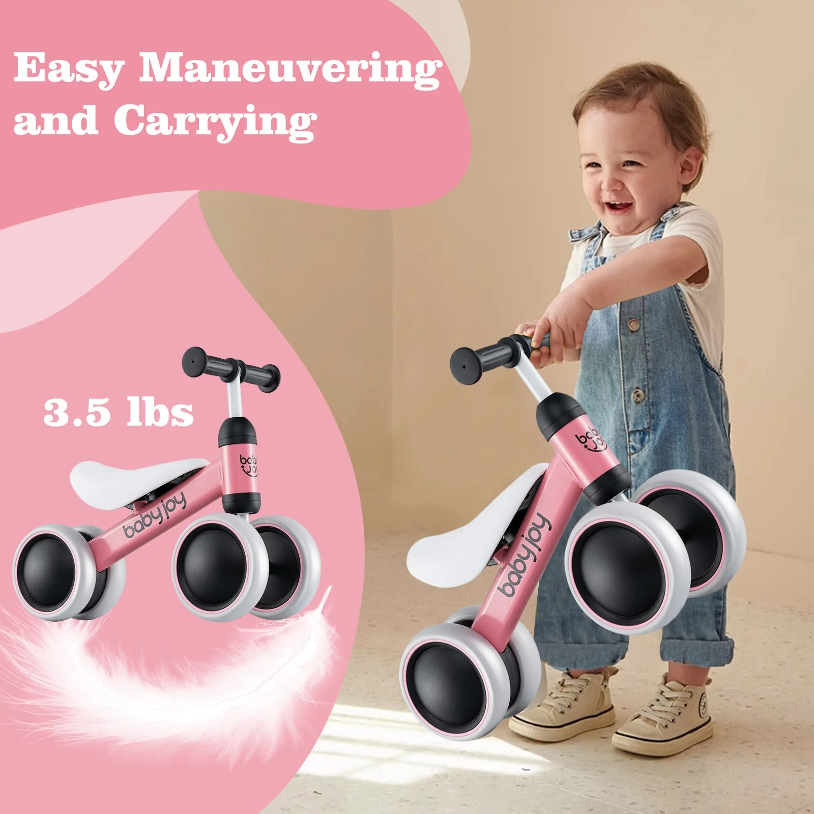 Baby Balance Bike for 2 Years Old Boys Girls No Pedal 4 Wheels-Pink - Image 4