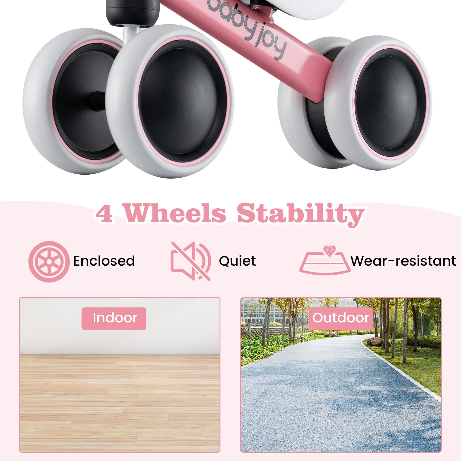 Baby Balance Bike for 2 Years Old Boys Girls No Pedal 4 Wheels-Pink - Image 6