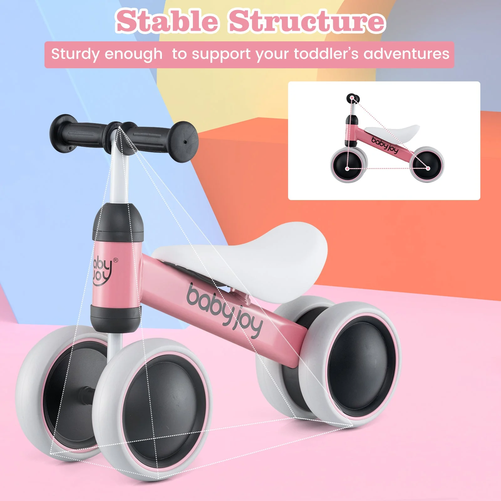 Baby Balance Bike for 2 Years Old Boys Girls No Pedal 4 Wheels-Pink - Image 7