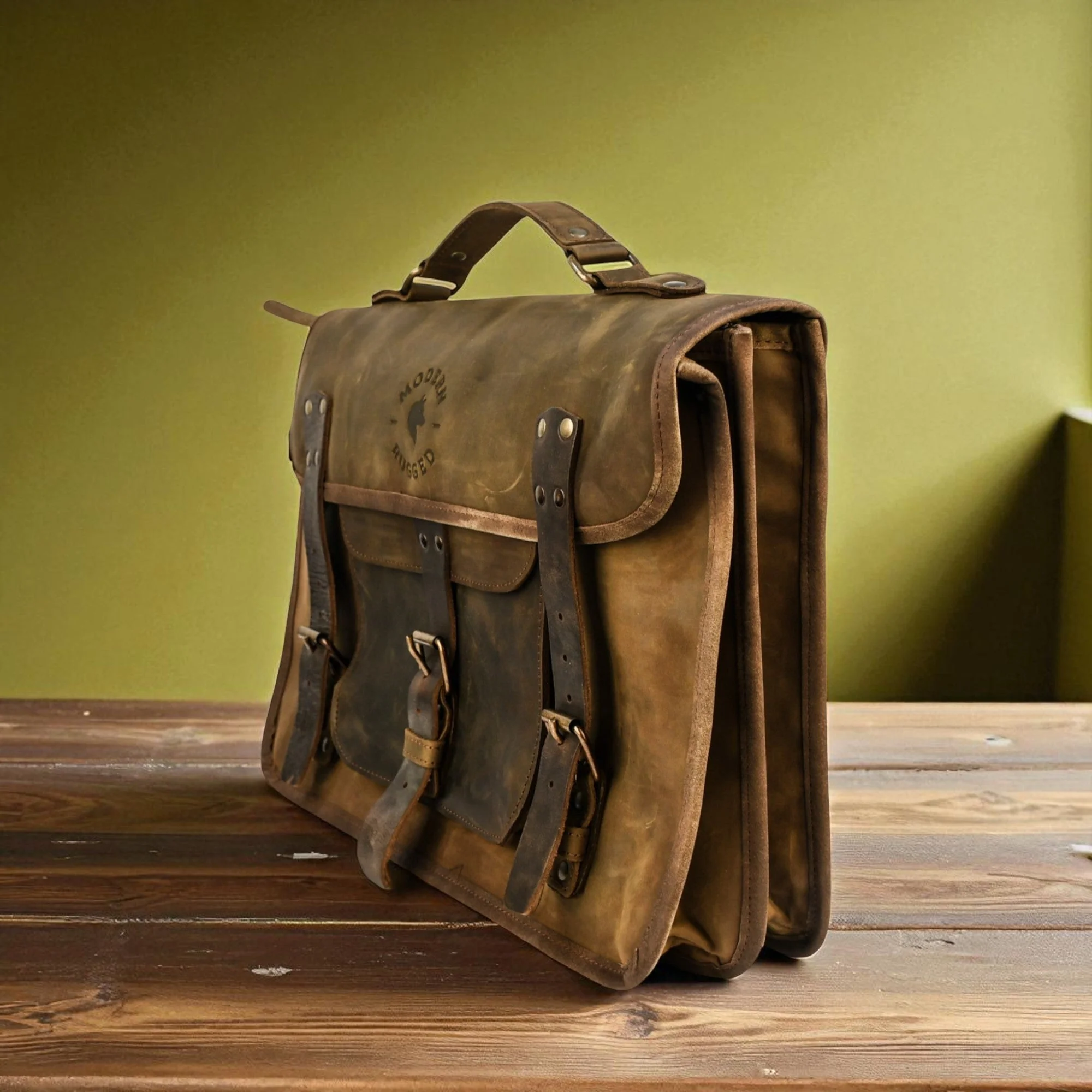 Bovine Leather Briefcase - Olive - Image 2