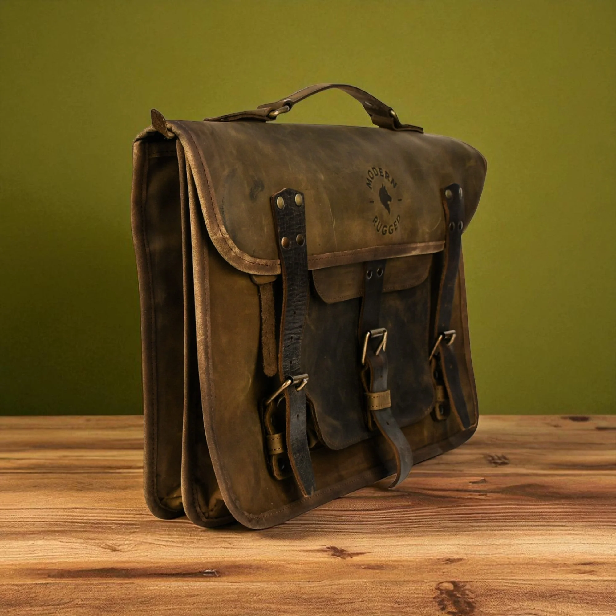 Bovine Leather Briefcase - Olive - Image 4