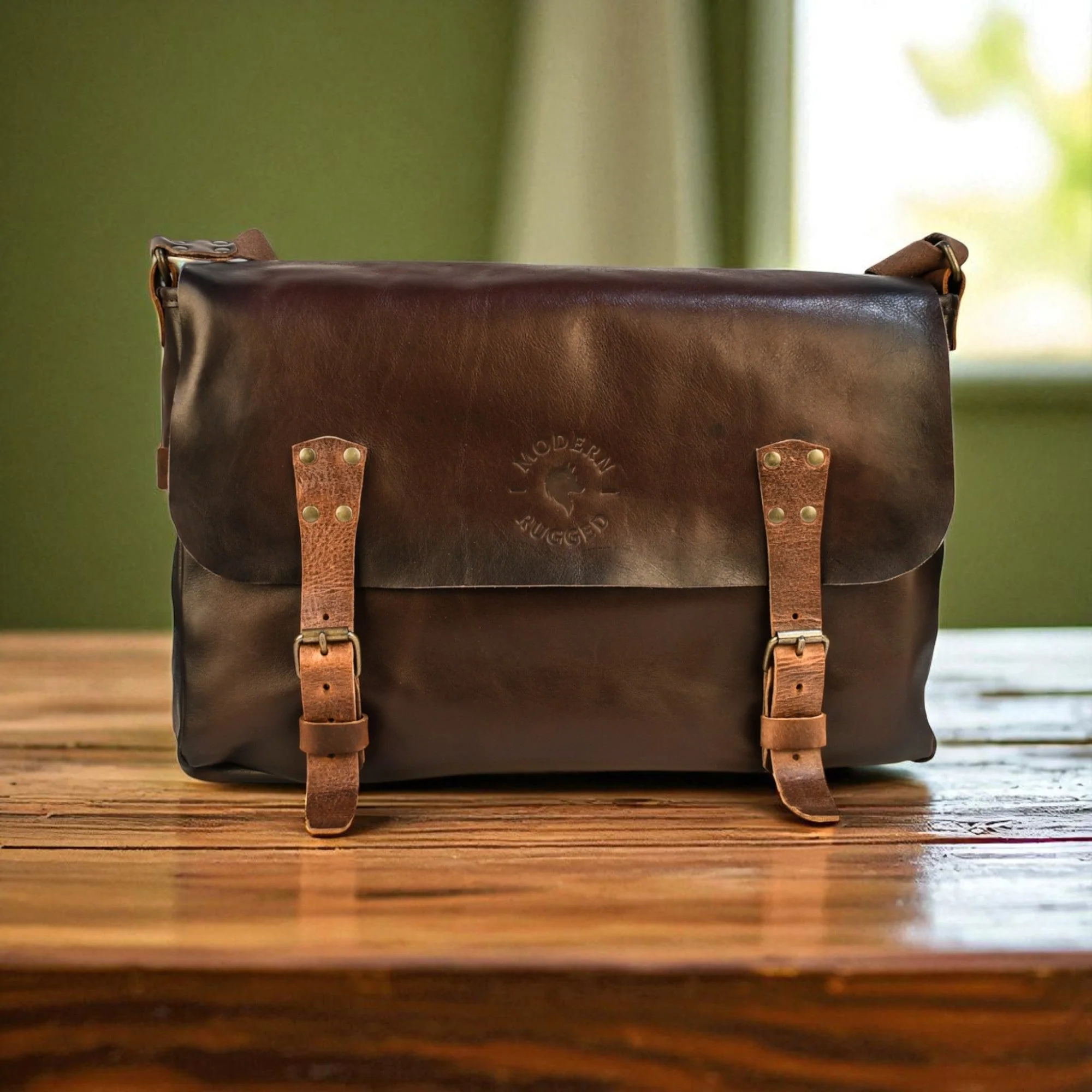 Bovine Leather Buckled Messenger Bag - Brown - Image 3