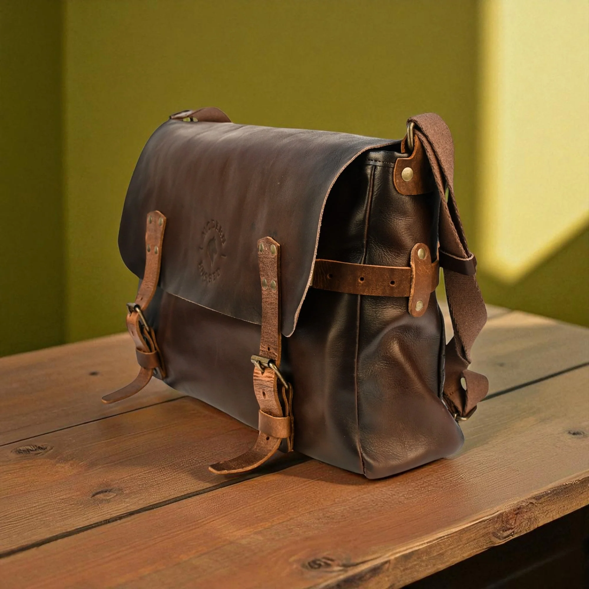Bovine Leather Buckled Messenger Bag - Brown - Image 4