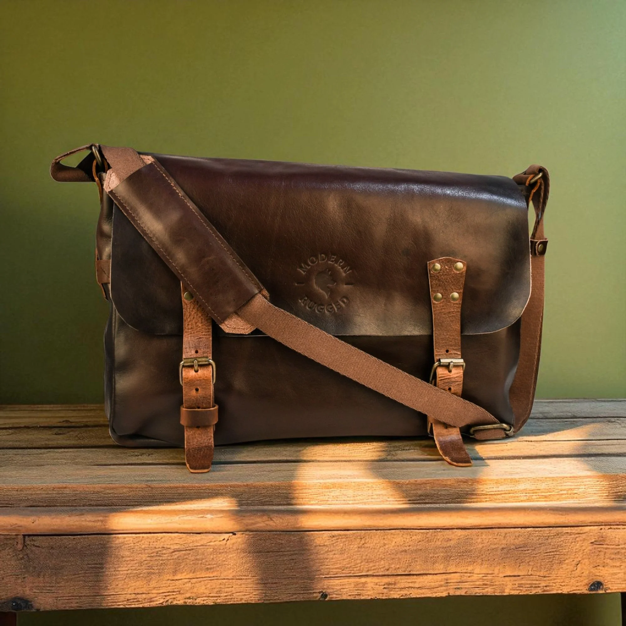 Bovine Leather Buckled Messenger Bag - Brown - Image 6