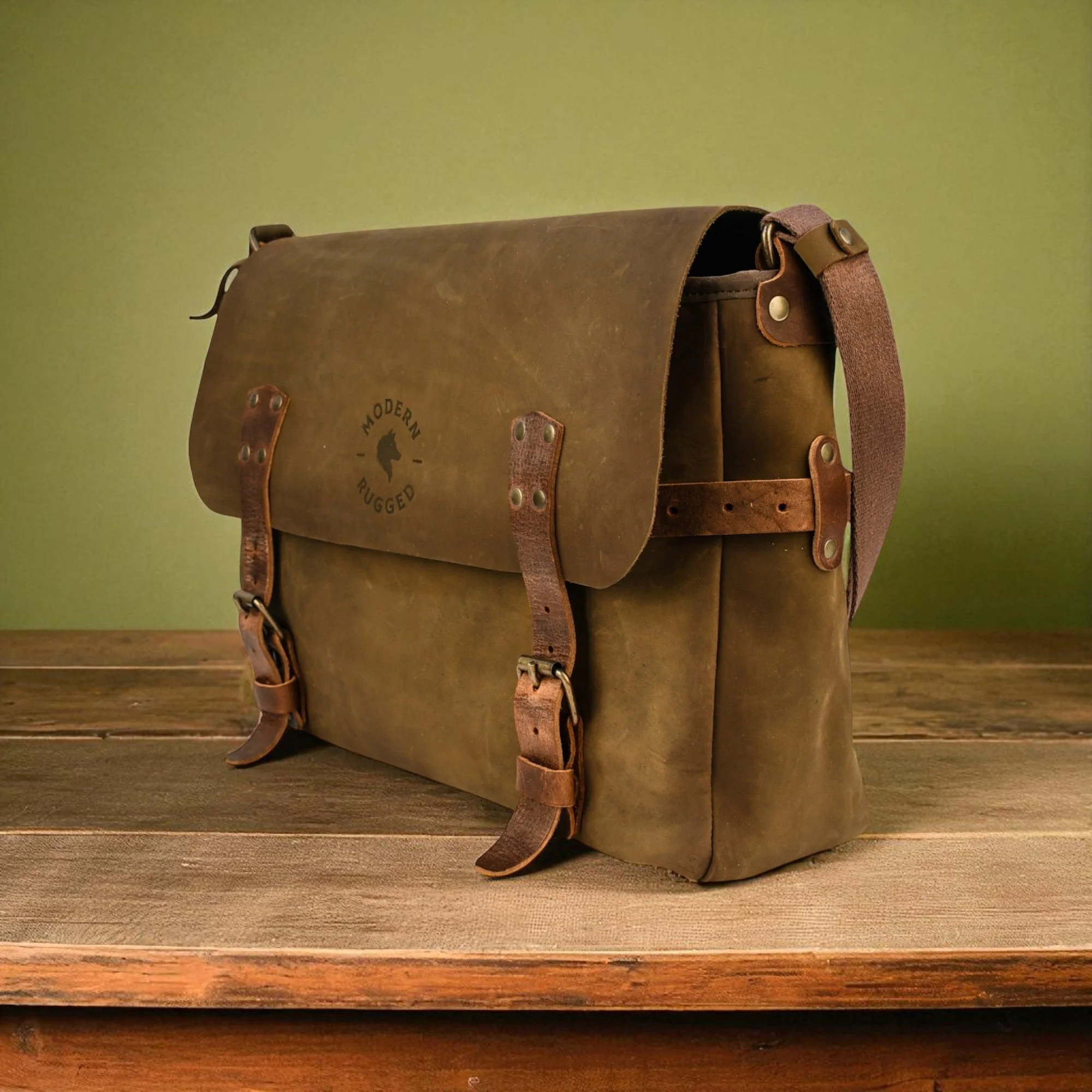 Bovine Leather Buckled Messenger Bag - Olive - Image 2