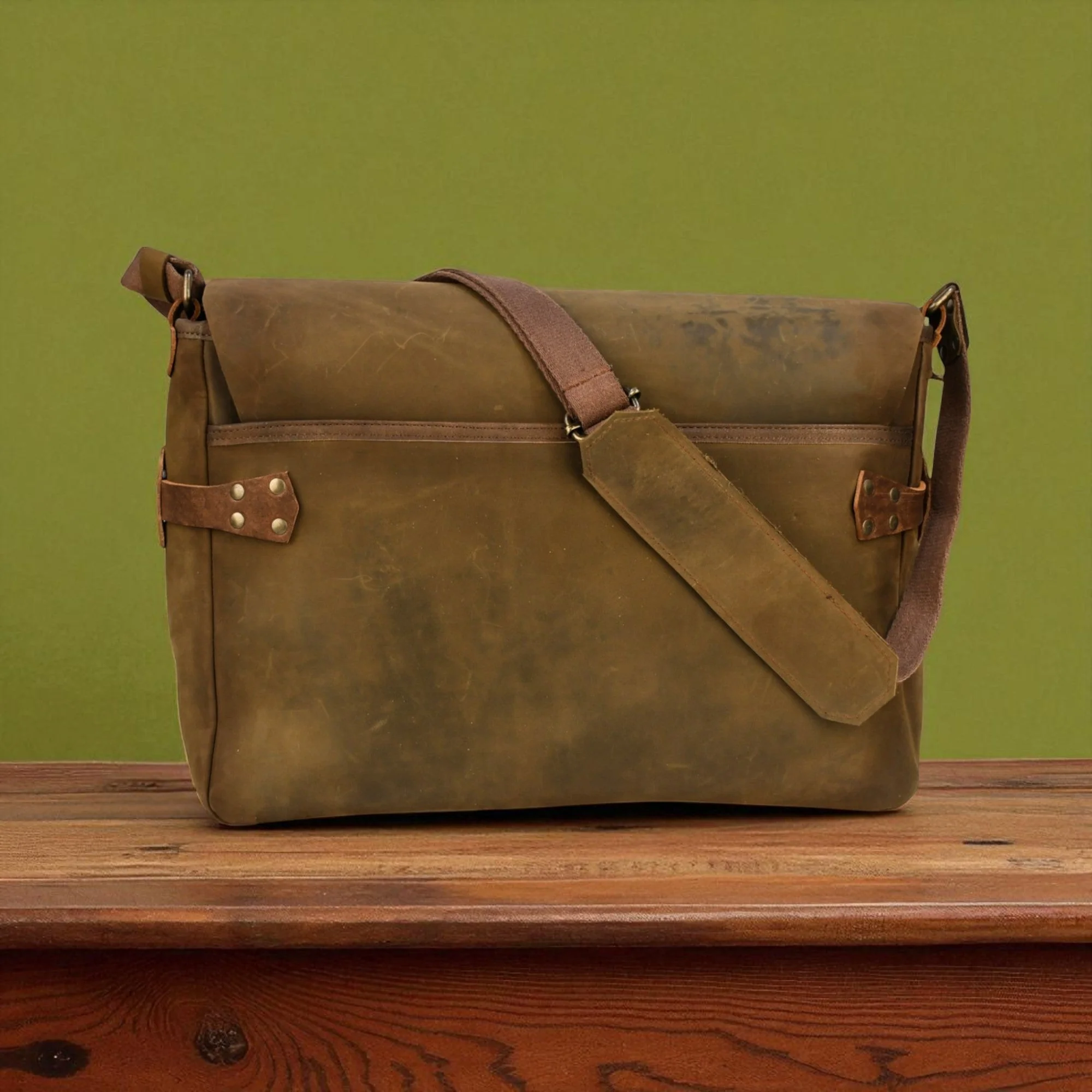 Bovine Leather Buckled Messenger Bag - Olive - Image 3