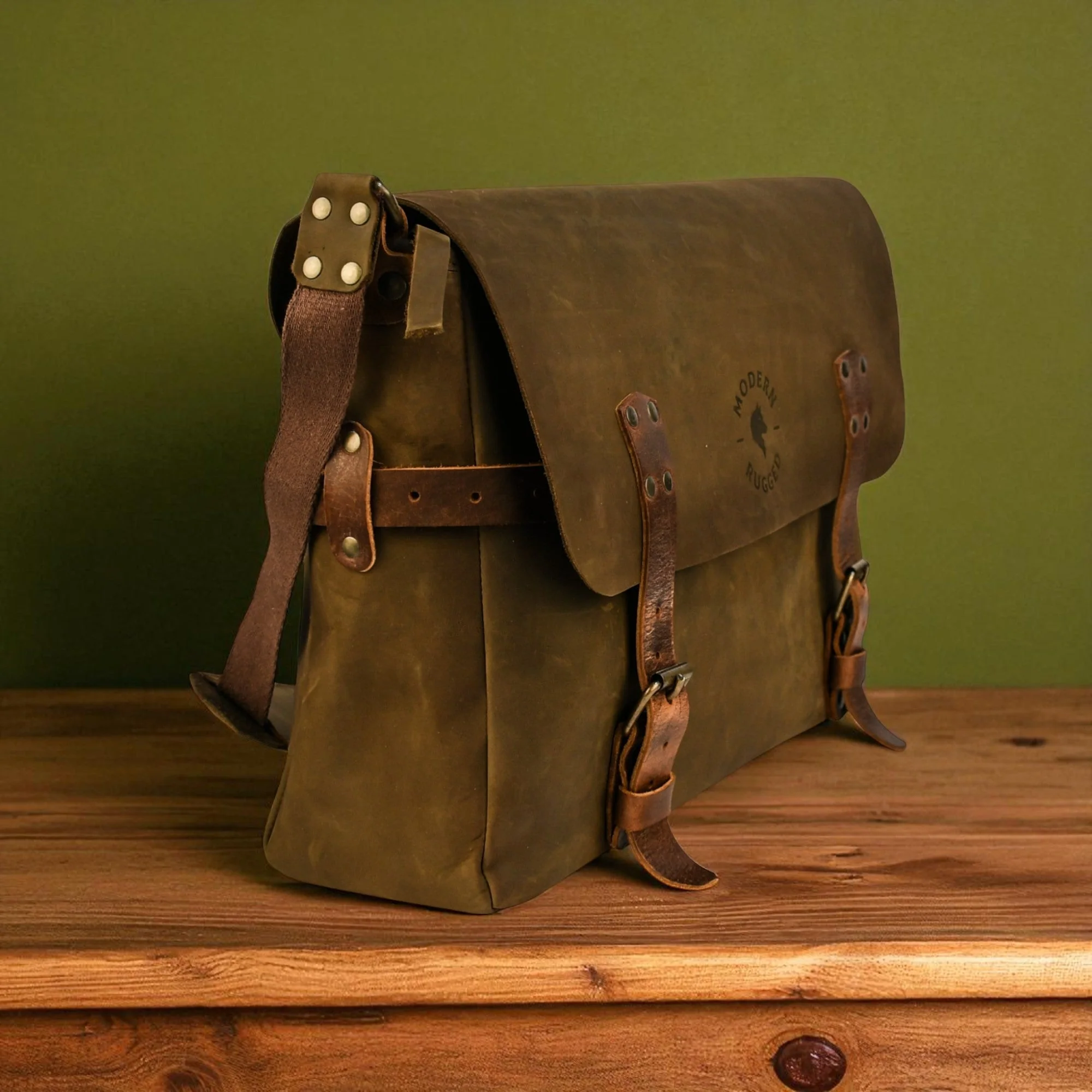 Bovine Leather Buckled Messenger Bag - Olive - Image 4