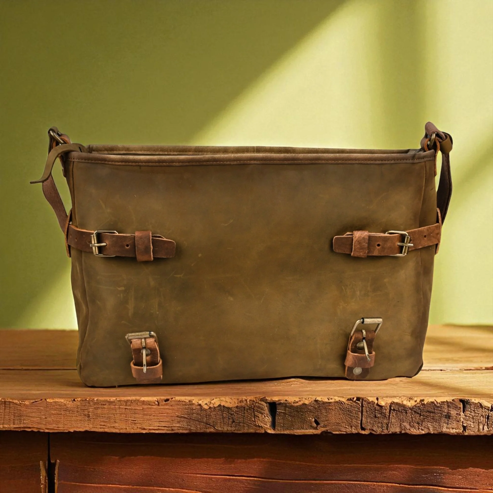 Bovine Leather Buckled Messenger Bag - Olive - Image 5