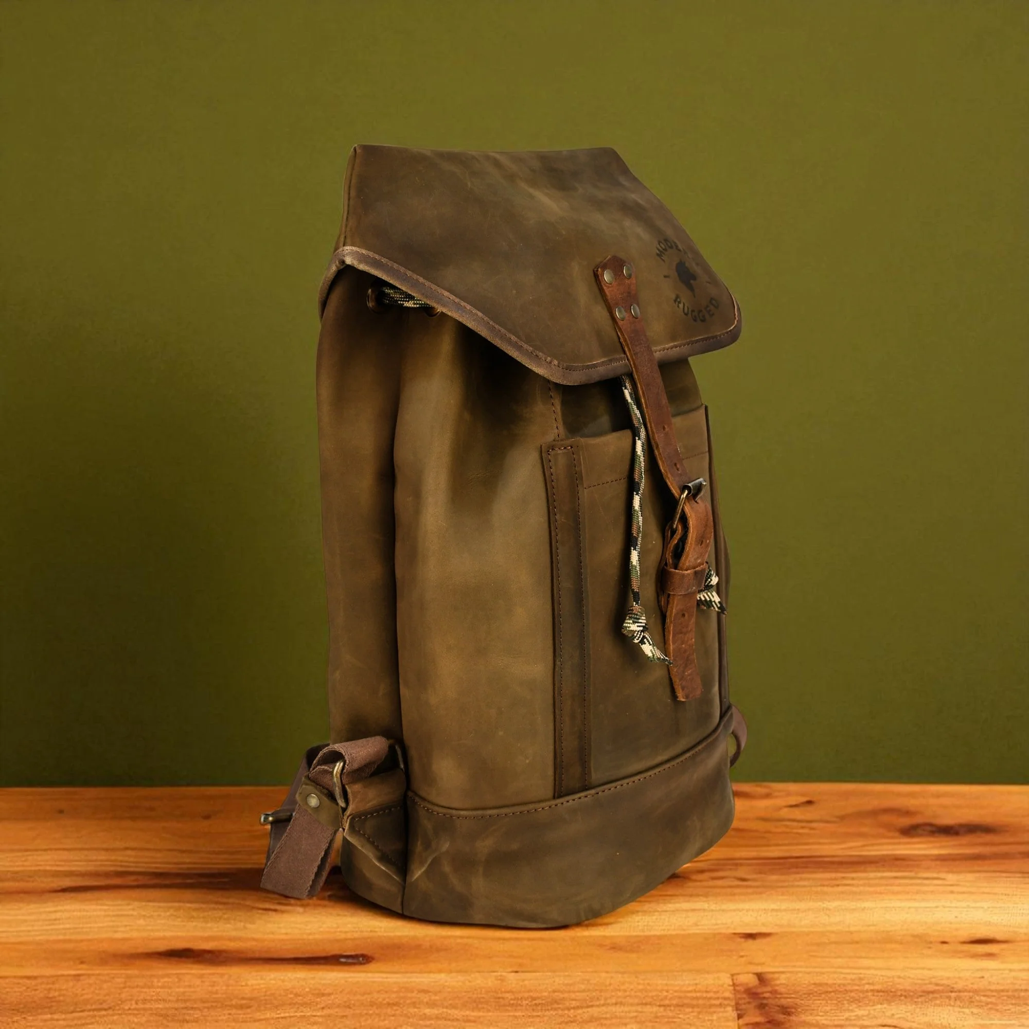 Bovine Leather Single Strap Backpack - Olive - Image 3
