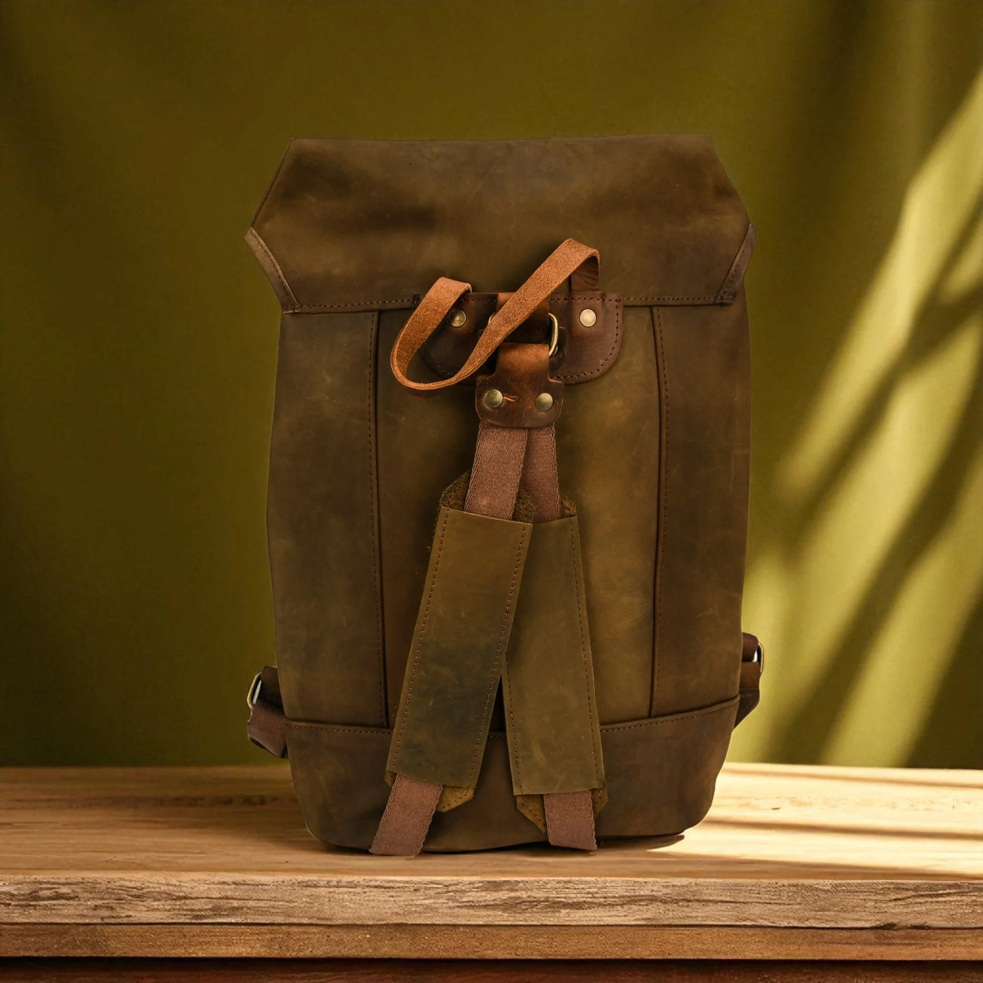 Bovine Leather Single Strap Backpack - Olive - Image 4
