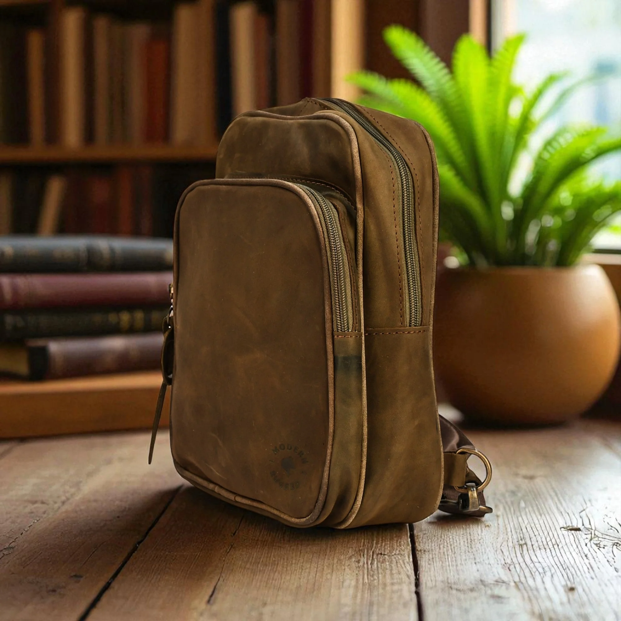 Bovine Leather Sling Bag - Olive - Image 2
