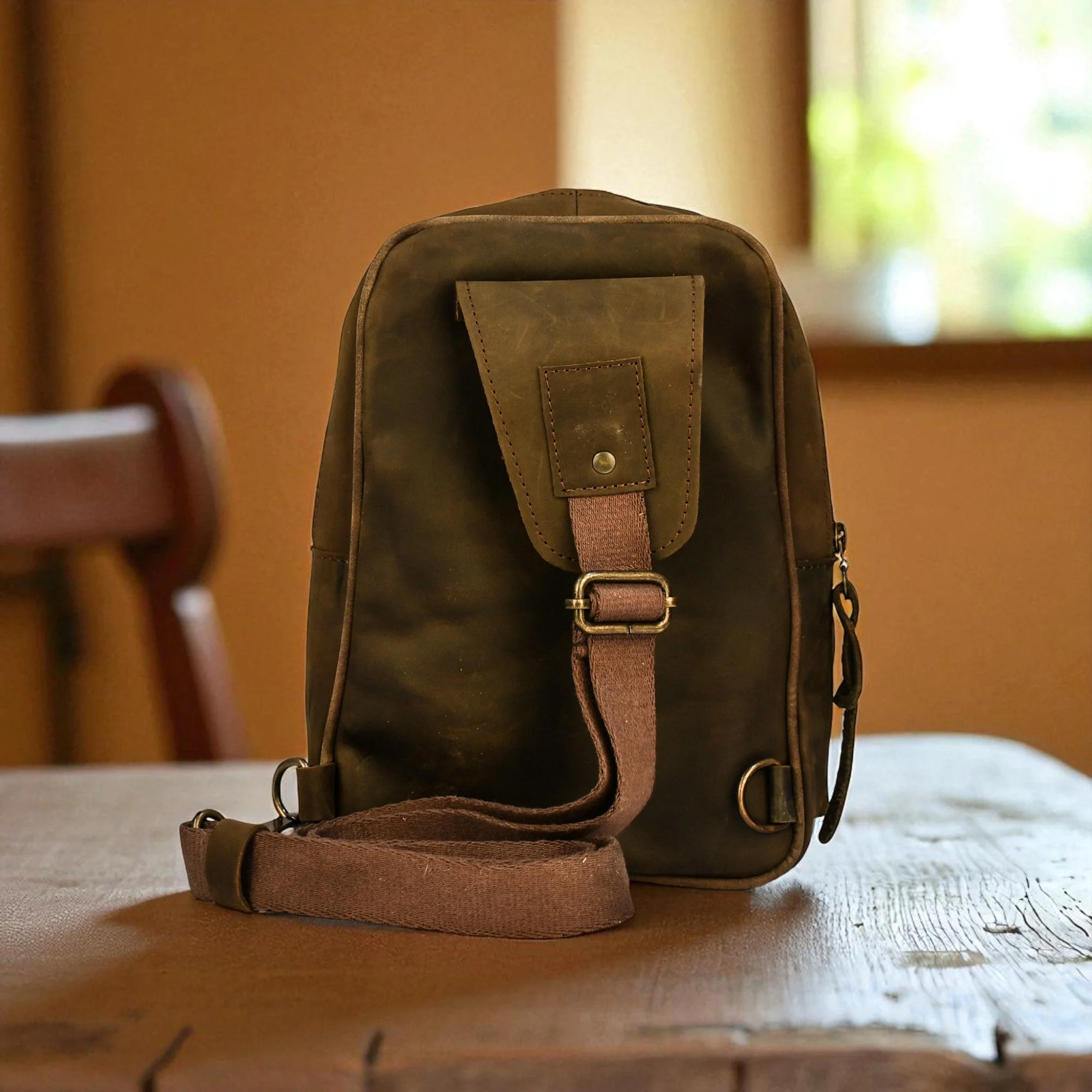Bovine Leather Sling Bag - Olive - Image 3