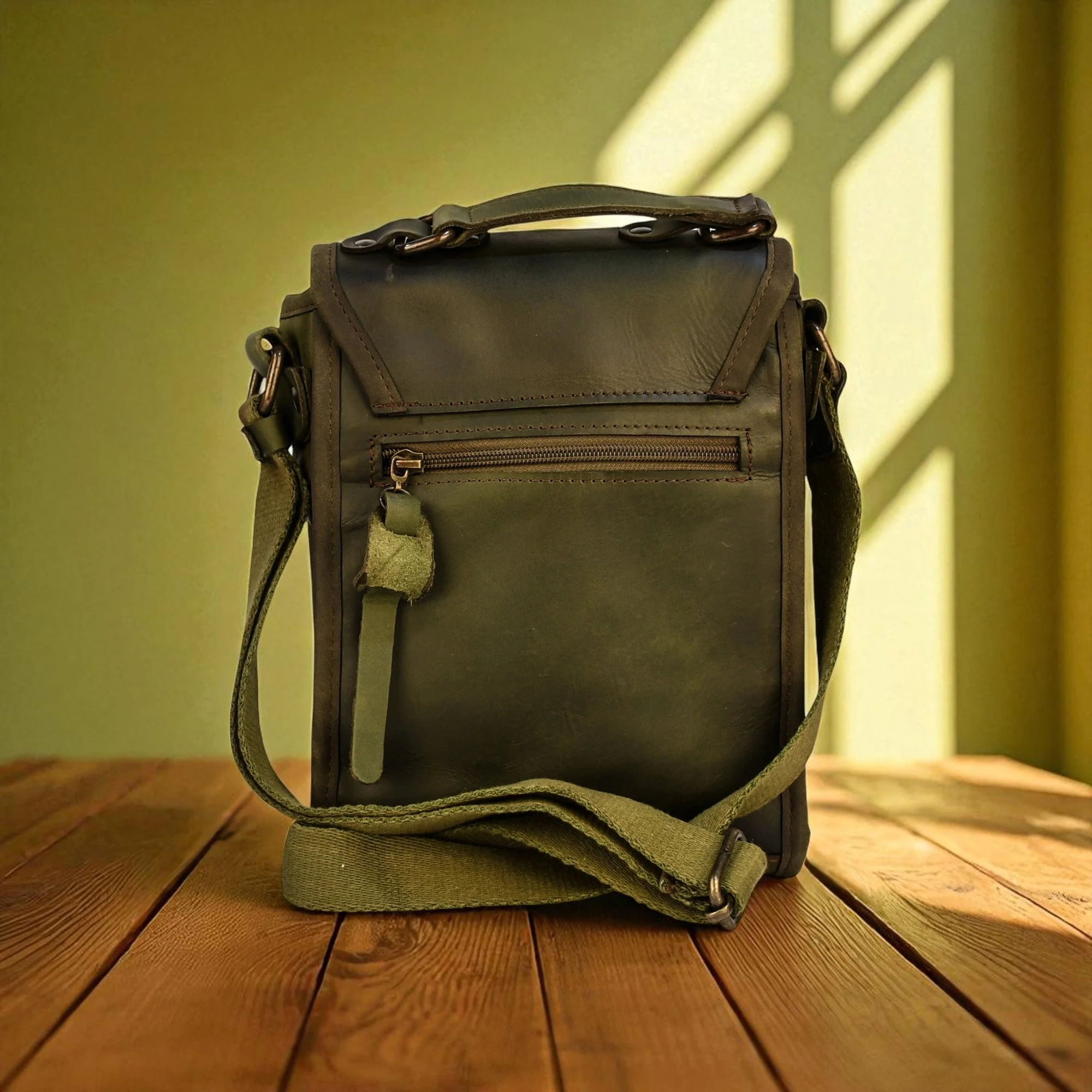 Bovine Leather Small Satchel Bag - Olive - Image 3