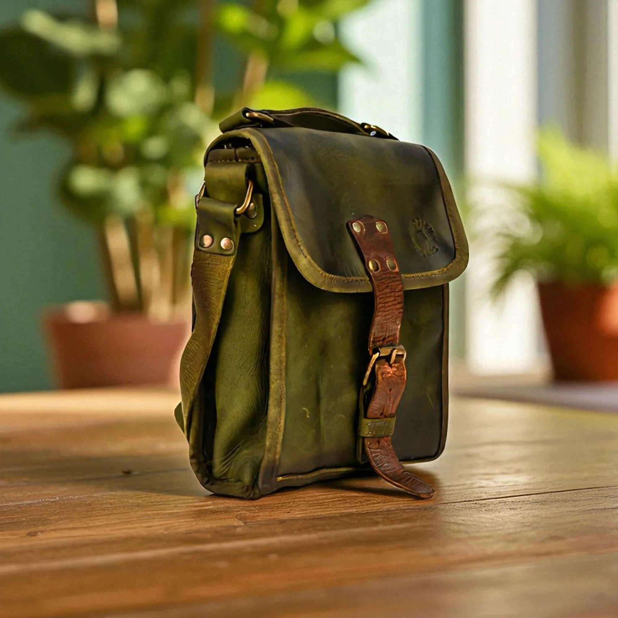 Bovine Leather Small Satchel Bag - Olive - Image 4