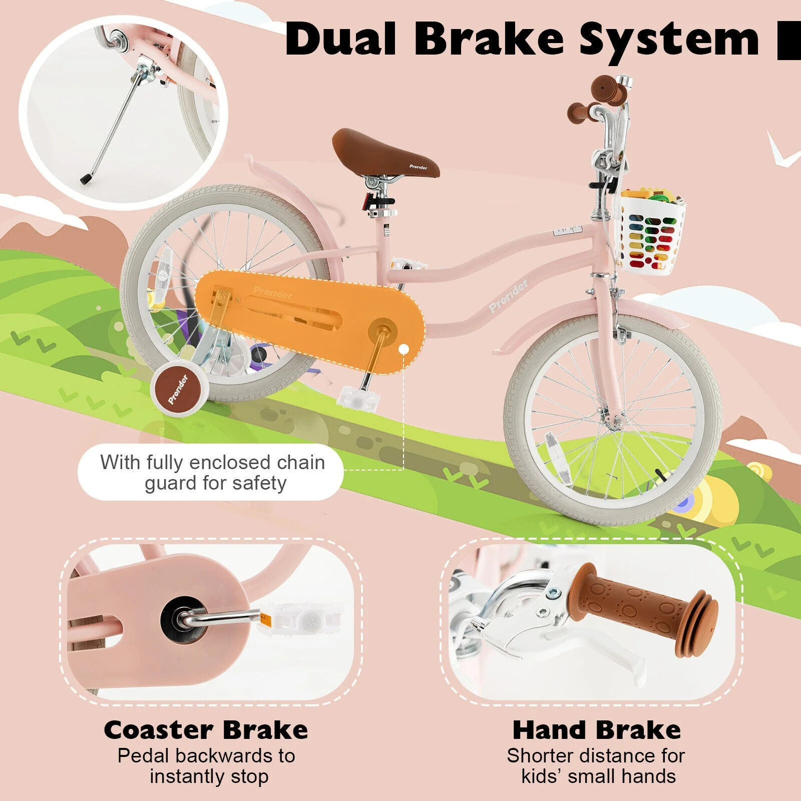 Children Bicycle with Front Handbrake and Rear Coaster Brake-Pink - Image 5