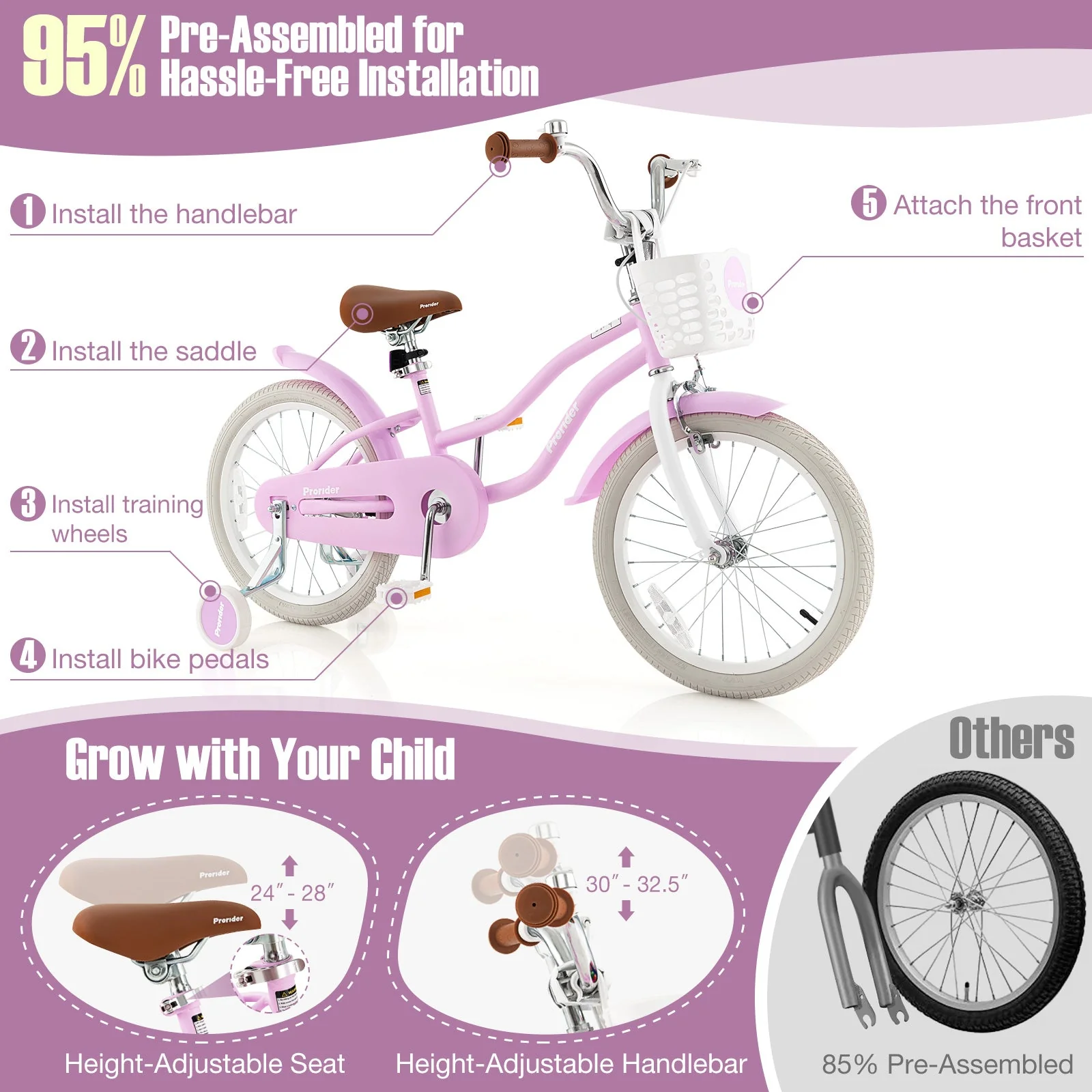 Children Bicycle with Front Handbrake and Rear Coaster Brake-Purple - Image 5