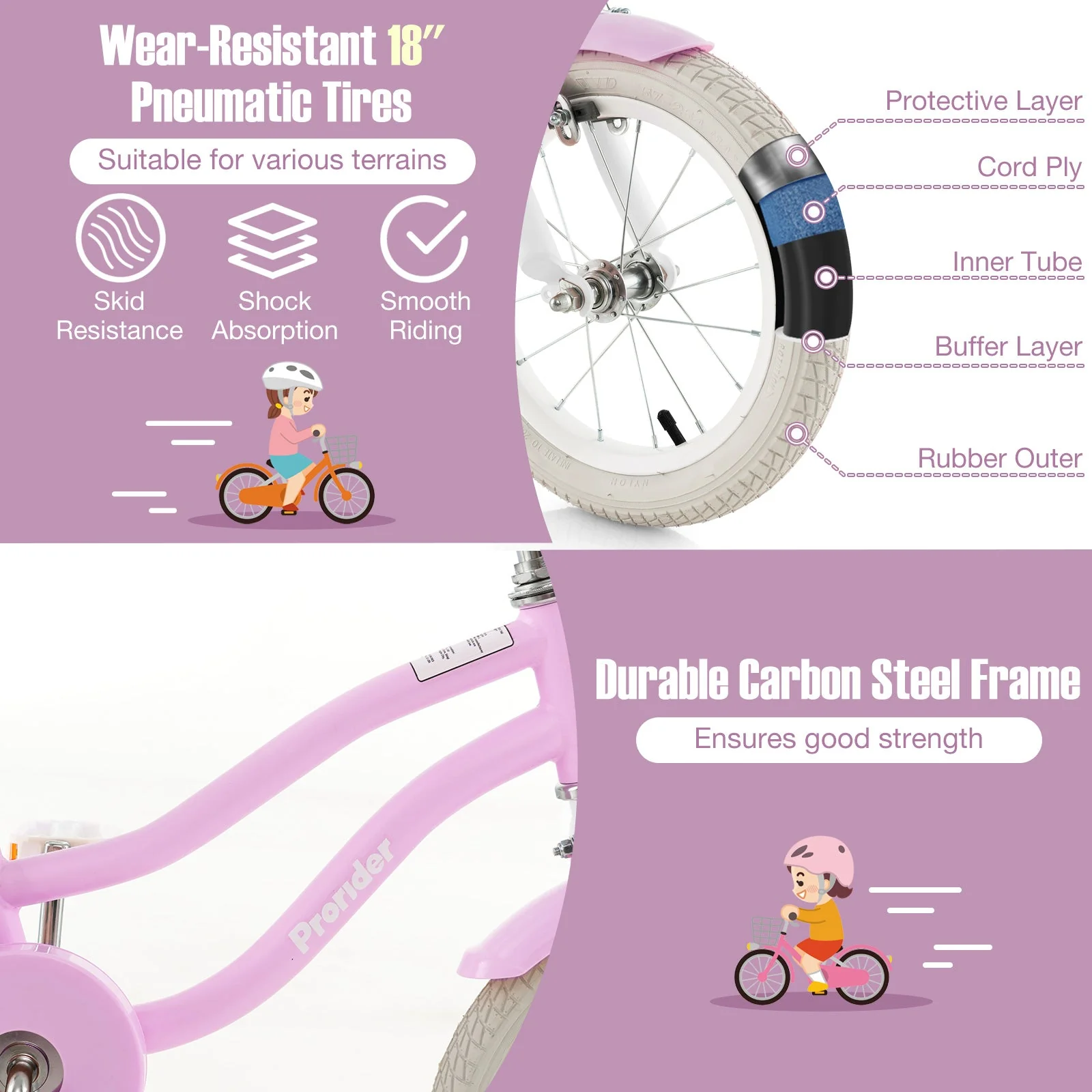 Children Bicycle with Front Handbrake and Rear Coaster Brake-Purple - Image 6