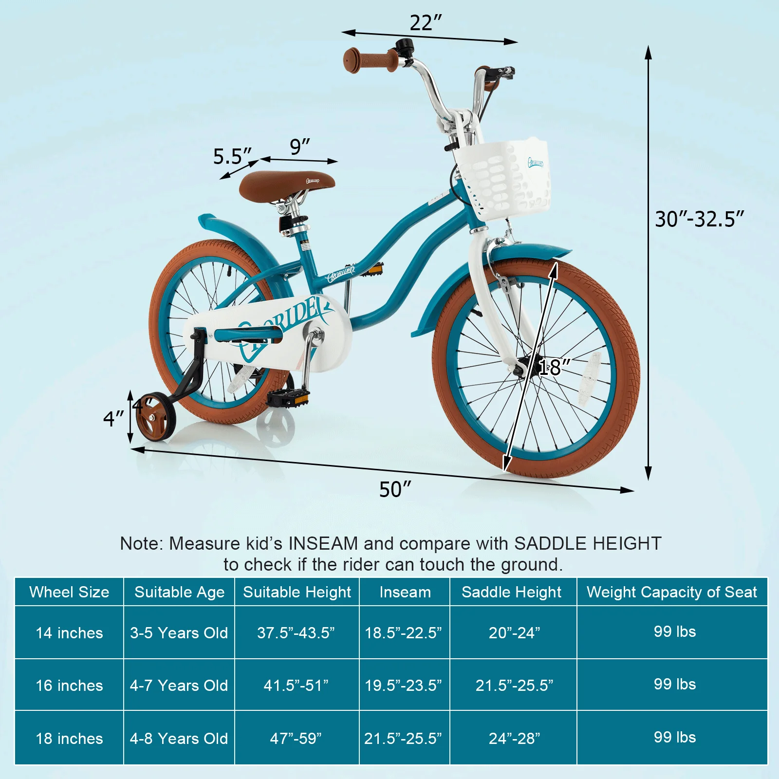 Children Bicycle with Front Handbrake and Rear Coaster Brake-Turquoise - Image 4