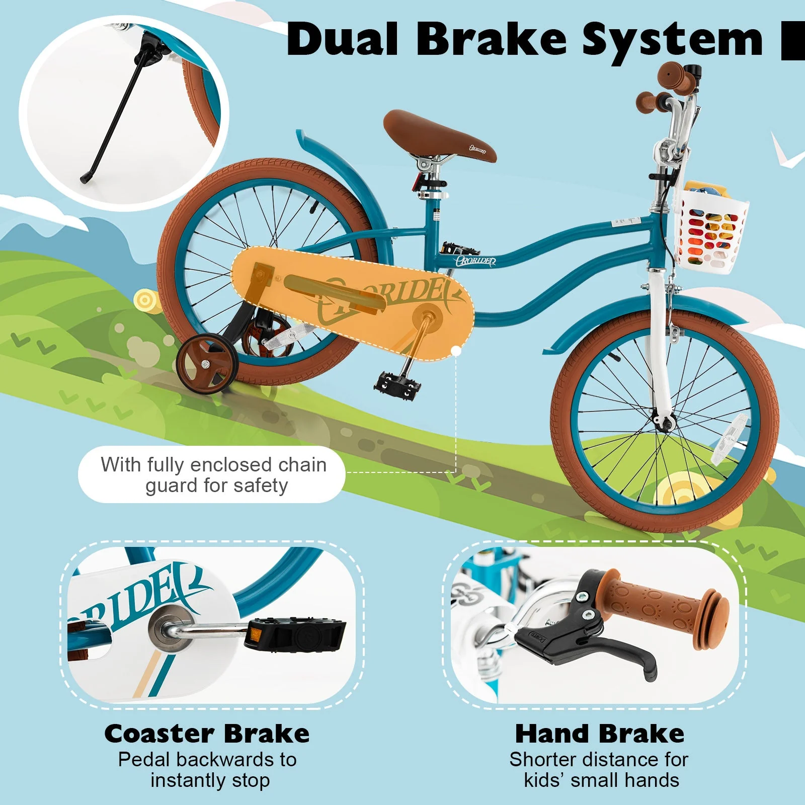 Children Bicycle with Front Handbrake and Rear Coaster Brake-Turquoise - Image 5