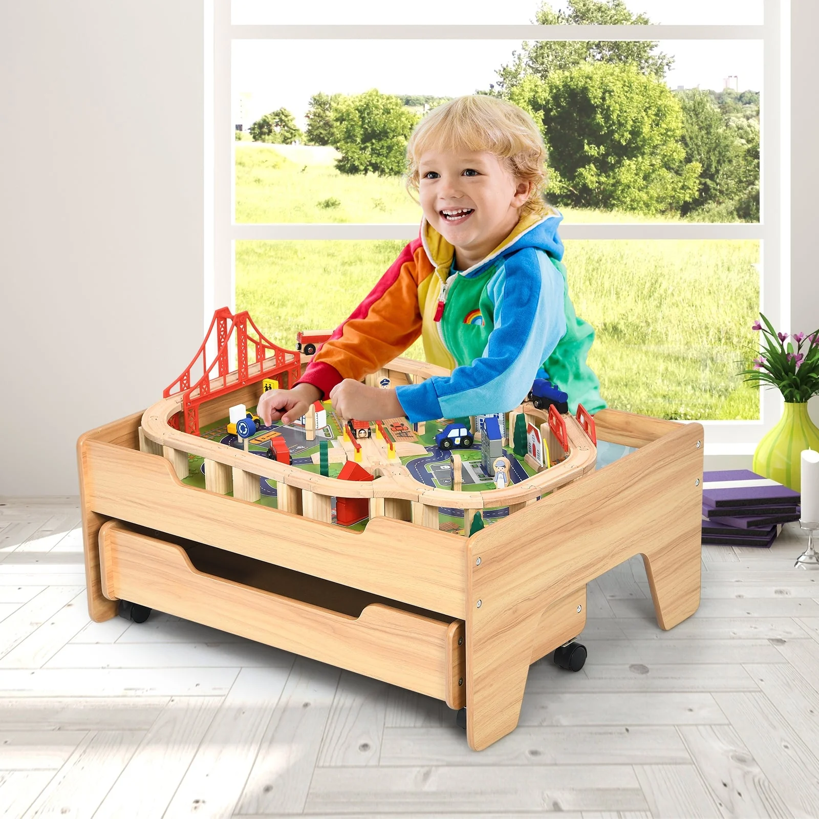 Children's Wooden Railway Set Table with 100 Pieces Storage Drawers - Image 2