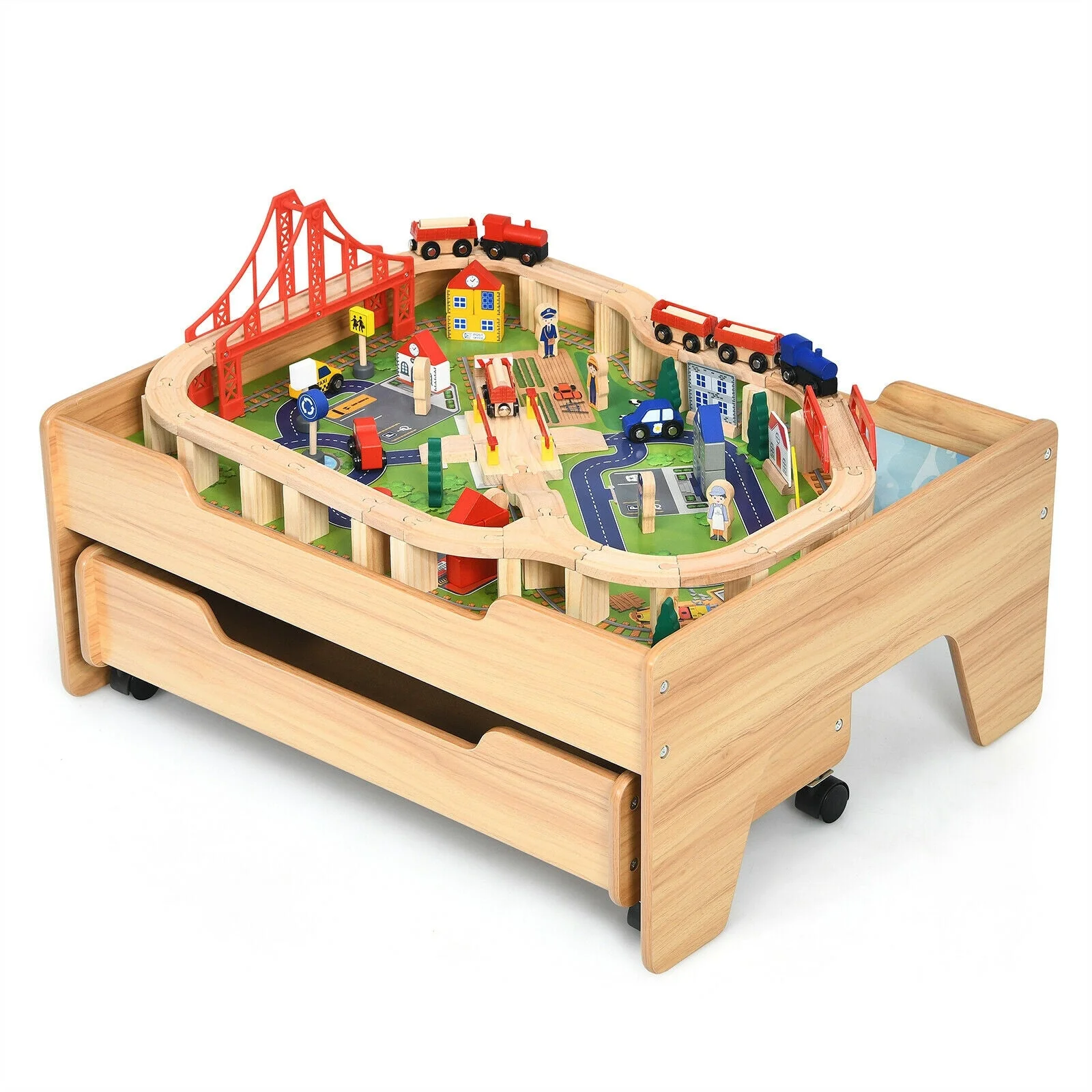 Children's Wooden Railway Set Table with 100 Pieces Storage Drawers - Image 3